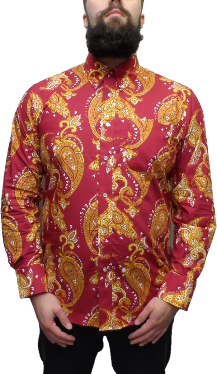 Mazeys Mens Retro Print Shirts(Deep Red L)