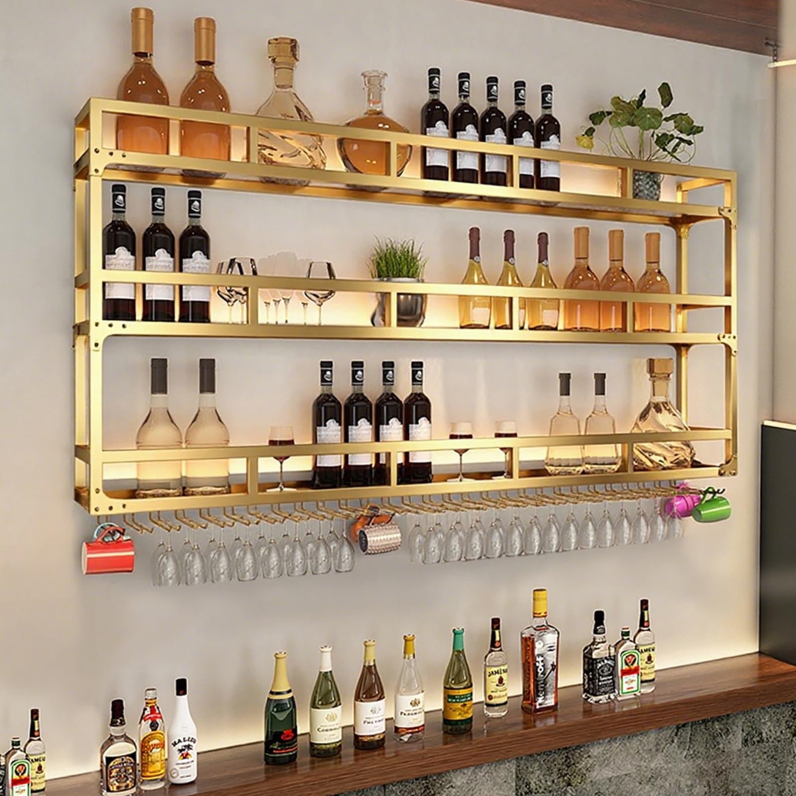 Estante De Vino LED Montado En La Pared,Botellero De Pared,Botellero Colgante De Hierro Forjado Para Botellas De Vino,Estante Multifuncional Para Exhibición De Vinos(Gold,80X90cm/31.5x35.4in)