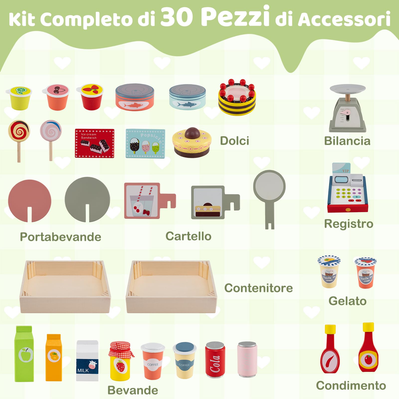 RELAX4LIFE Bancarella Giocattolo per Bambini, Gioco Negozio/Supermercato in Legno con Registratori di Cassa, Bancarella Mercato per Bambini 3+ Anni (VERDE)