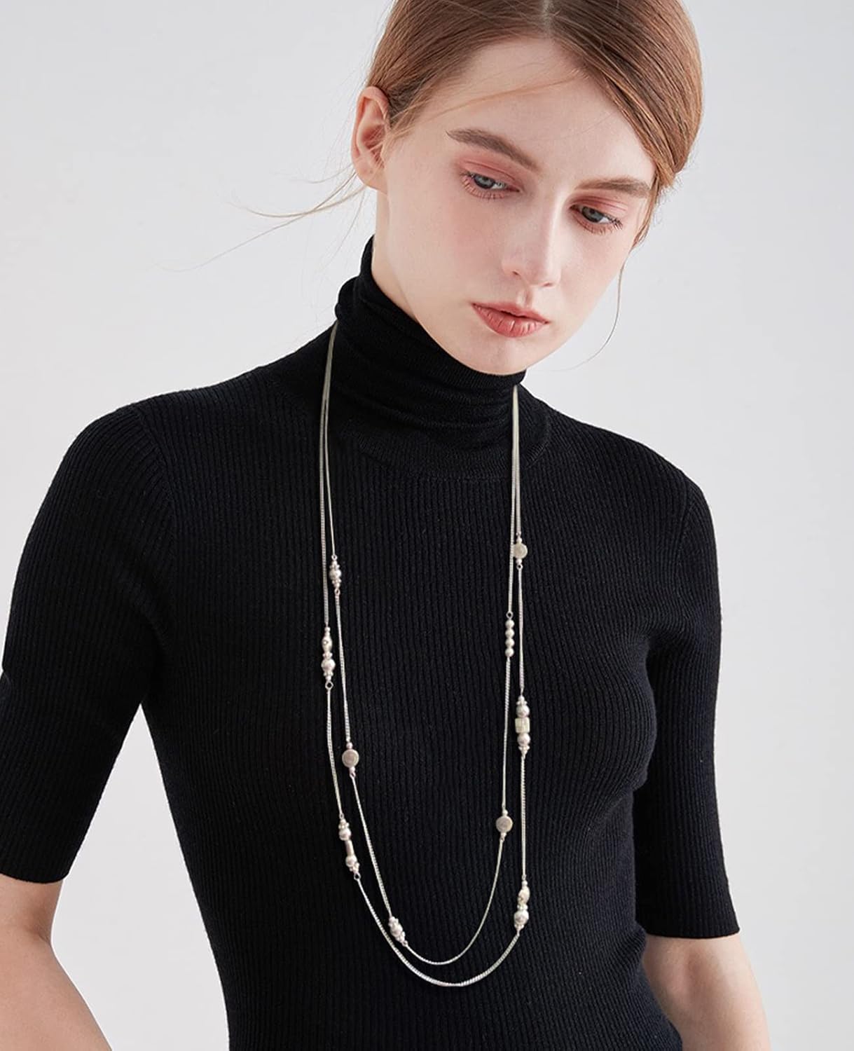 BULINLIN Layered Silver Long Necklace for Women Turquoise Stone Beaded Strand Sweater Chain Necklaces Fashion Costume Jewelry Gifts for Mom - Image 3