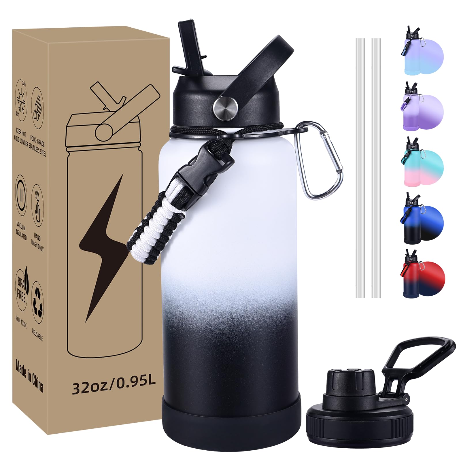 CoolSub Insulated Water Bottle, 32 oz Stainless Steel Wide Mouth Water Bottles with 2 Leak Proof Lid and Paracord Handle, Double Wall Vacuum Insulated