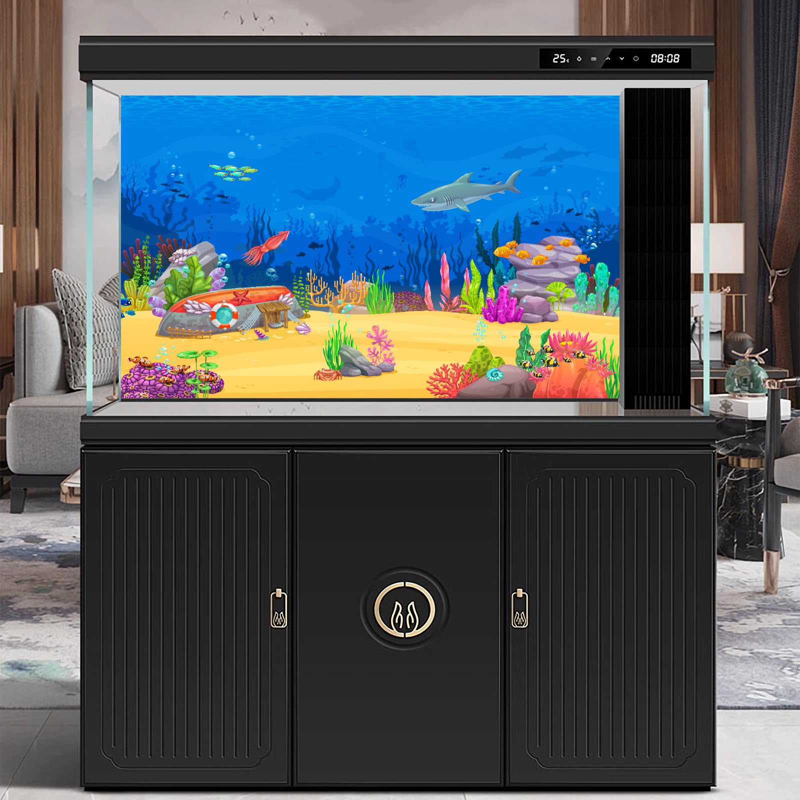 Fondo de acuario de dibujos animados subacuáticos, escena del mar aventurero, tiburón, barco hundido, calamar, peces, banco, terrario, fondo azul profundo, vida marina, nivel de juego, fondo de