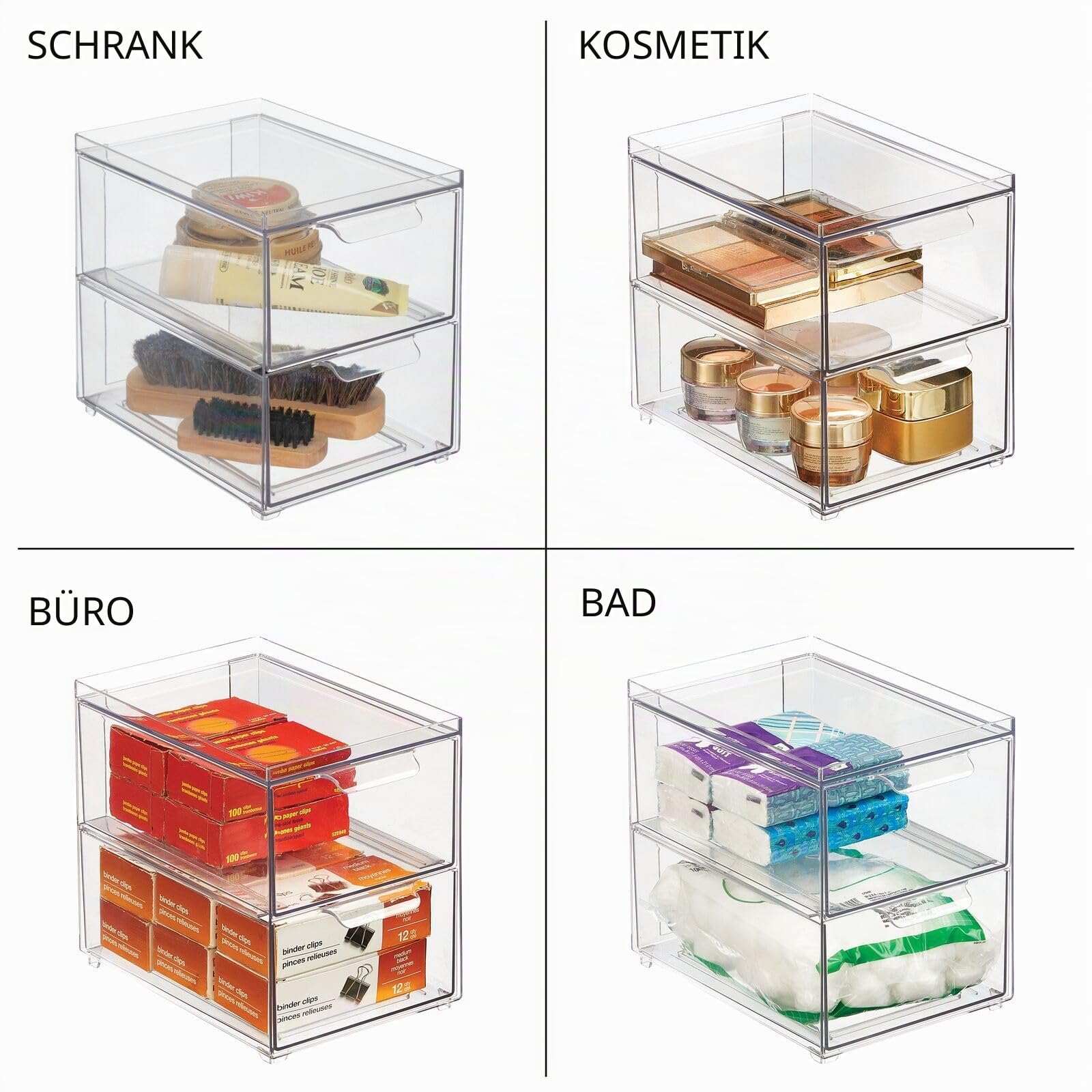 mDesign Schubladenbox mit 2 Schubladen – Stapelbox aus Kunststoff für Küchen- und Kühlschrank – Küchen Organizer für Snacks, Nudeln, Gemüse etc. – 4er-Set – durchsichtig