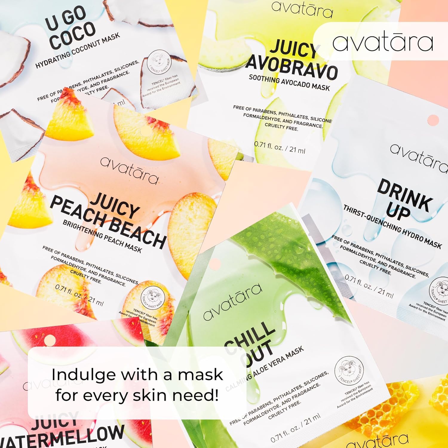 Avatara Sheet Mask Set, Facial Mask , Face Mask Skincare with Natural Extracts, Hydrating Face Mask Skin Care Set, Made with Tencel Fibers, All Skin Types, Teen Skincare, 10 Pack: 8 Count (Pack of 1) Variety Set of 8