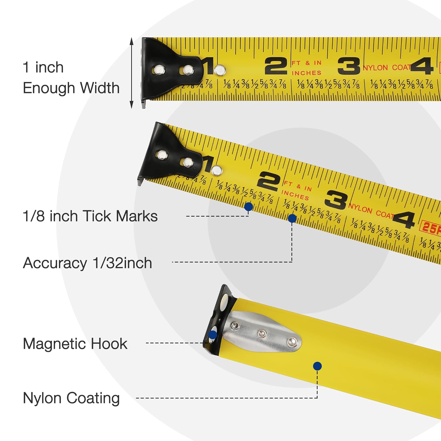 WORKPRO 25FT Auto-Lock Tape Measure, 1/8 Fractions Easy Read Measuring Tape, Double Retract Measurement Tape Accuracy 1/32 for Engineer,with Magnetic Hook, Rubber Protective Casing