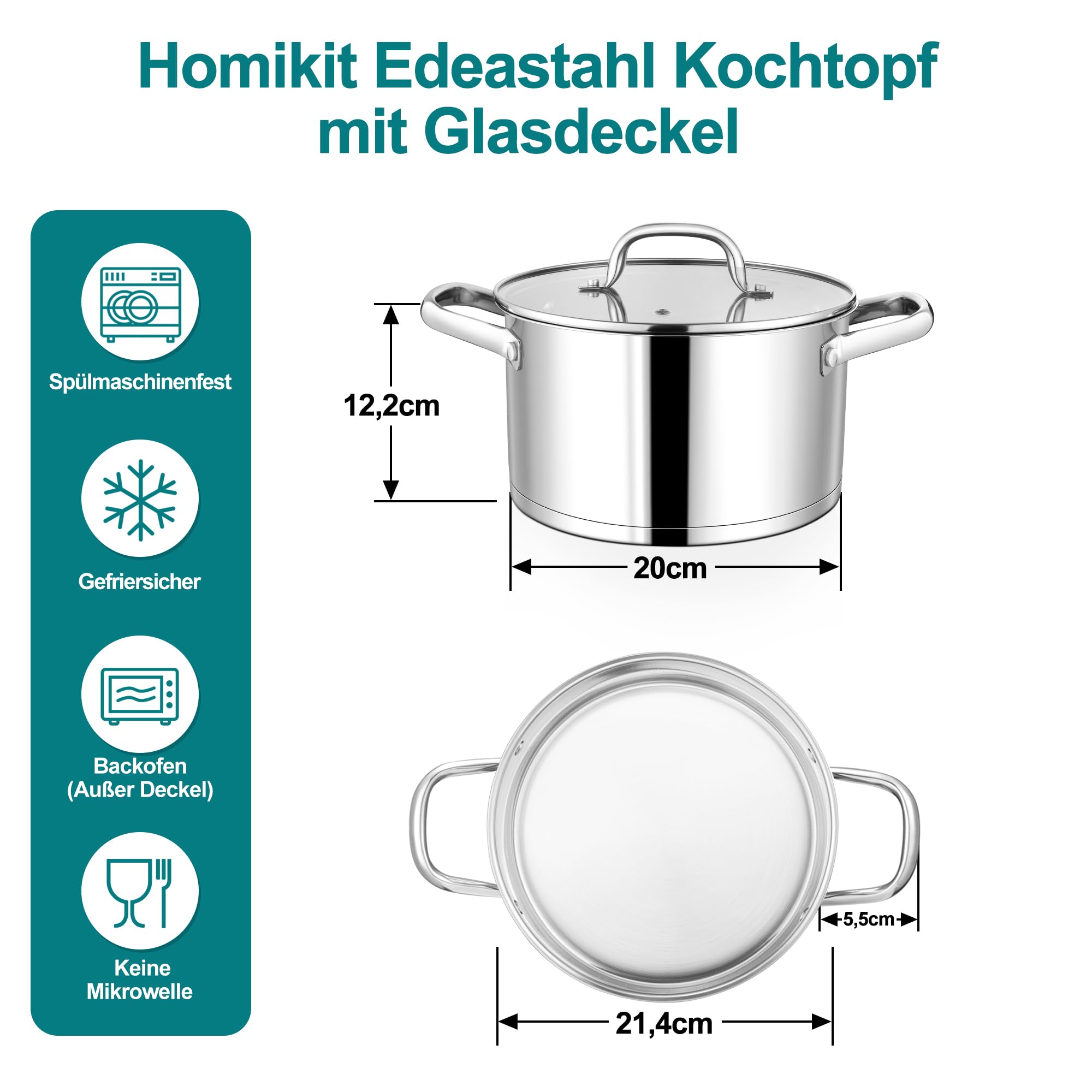 Homikit Kookpan, groot, 7,6 l, roestvrij staal, pastapan, inductie met 3-laagse bodems, geschikt voor alle warmtebronnen, 26cm soeppan, vleespan met glazen deksel, ongecoat en vaatwasmachinebestendig