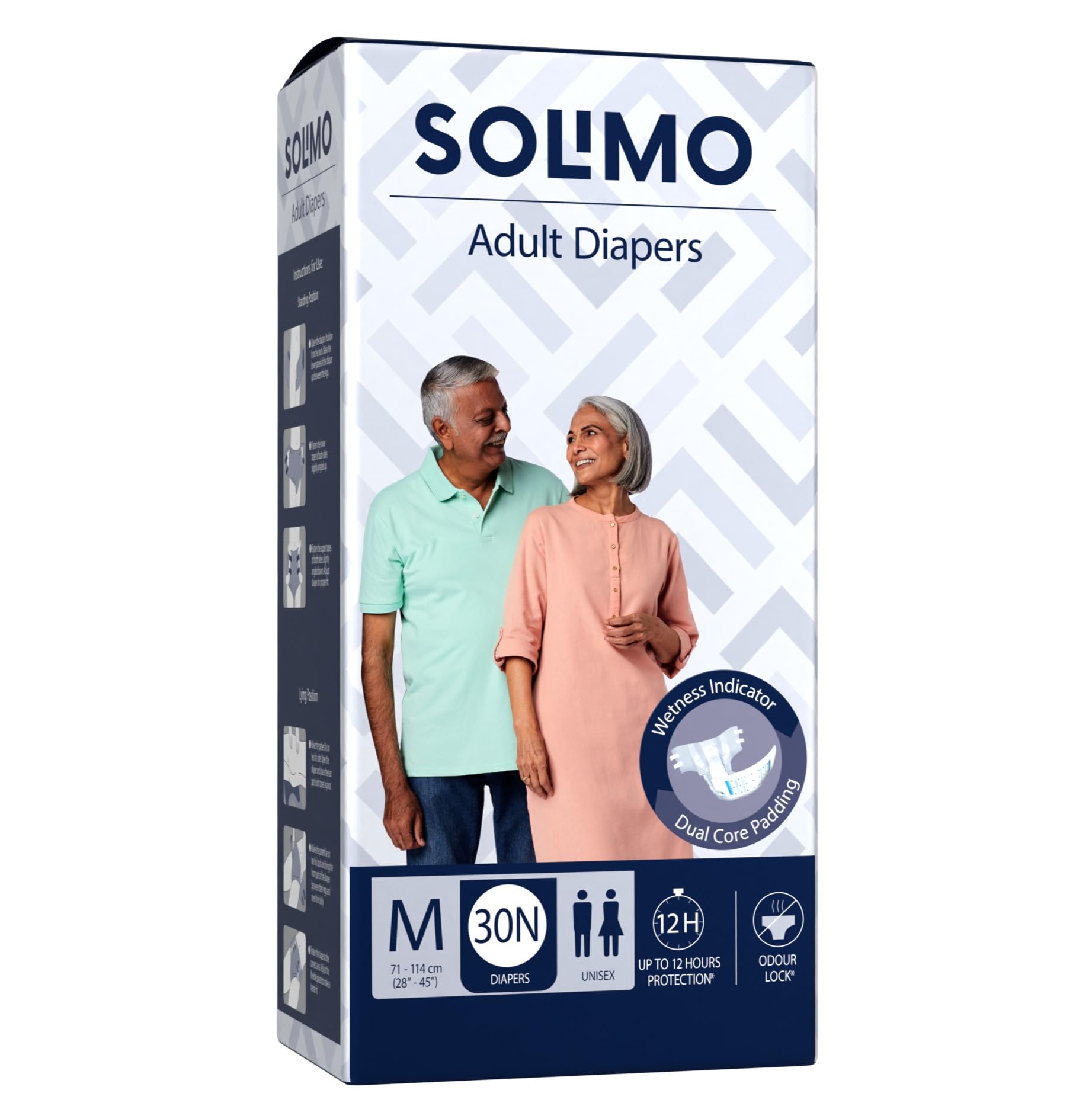 - Amazon Brand - Solimo Adult Diapers Tape Style | Medium Size | 30 Count | Waist 28-45 Inch (71-114 cm) | Fast Absorption | Leak Proof | Unisex | For Men & Women