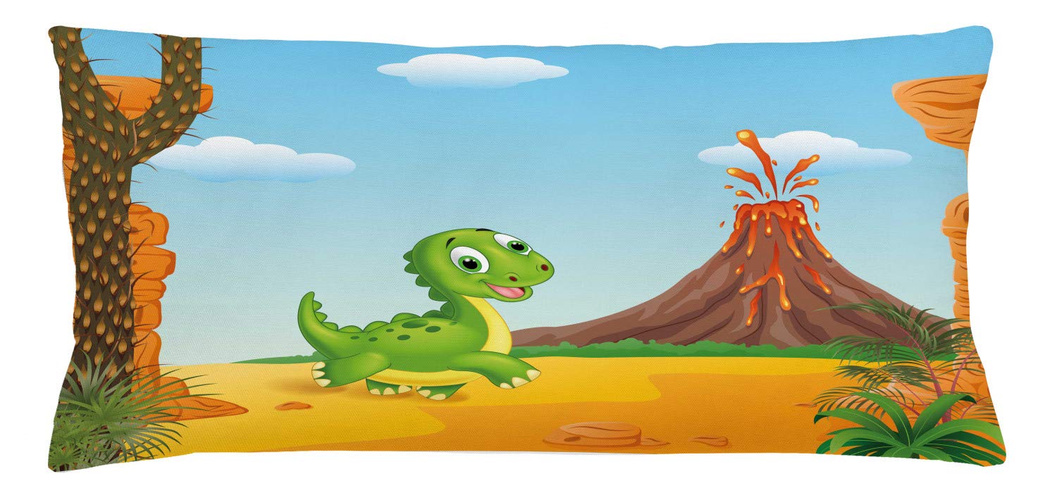 Lunarable Dino Throw Pillow Cushion Cover, Cartoon Style Dinosaur Walking Prehistoric Land Jungle Volcano Illustration, Decorative Square Accent Pillow Case, 36