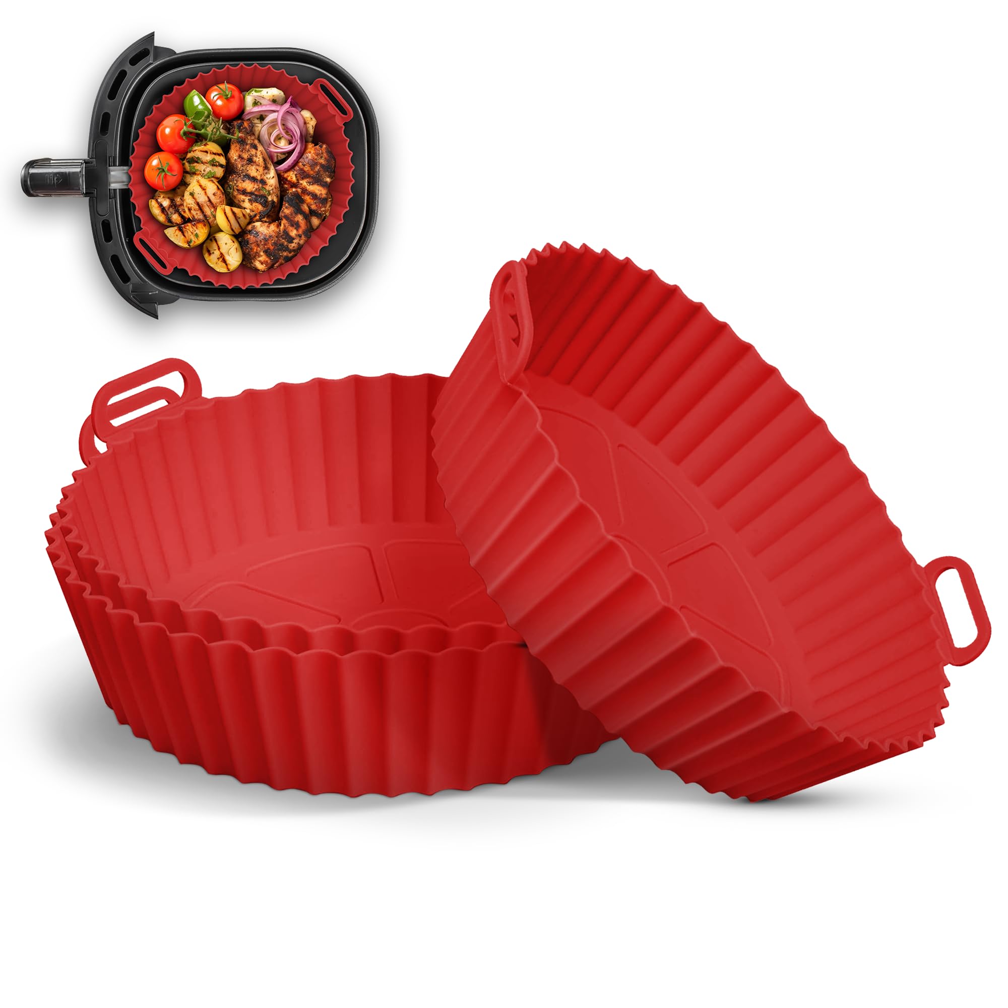 Keplin - 3 Pack Silicone Air Fryer Liners - BPA-Free, Food-Grade, Heat Resistant to 230°C - Non-Stick and Reusable - Dishwasher Safe for Easy Cleaning - Meets LFGB Standards (Red, Round)