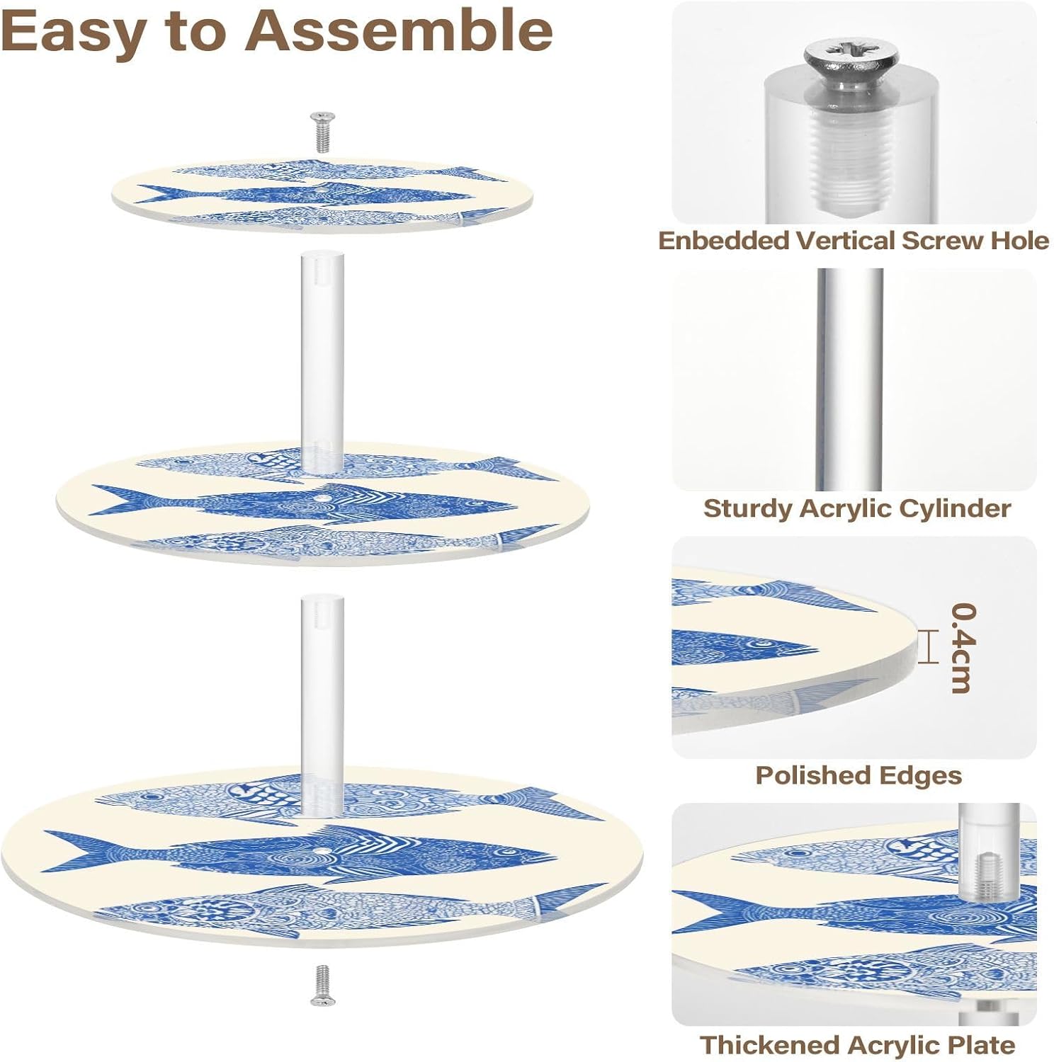 Blue Fish Pattern 3 Tier Acrylic Cupcake Stand, Cupcake Stand for 34 Cupcakes for Weddings, Christmas,Holidays,Parties,Birthday,Printed Cupcake Tower 23102122