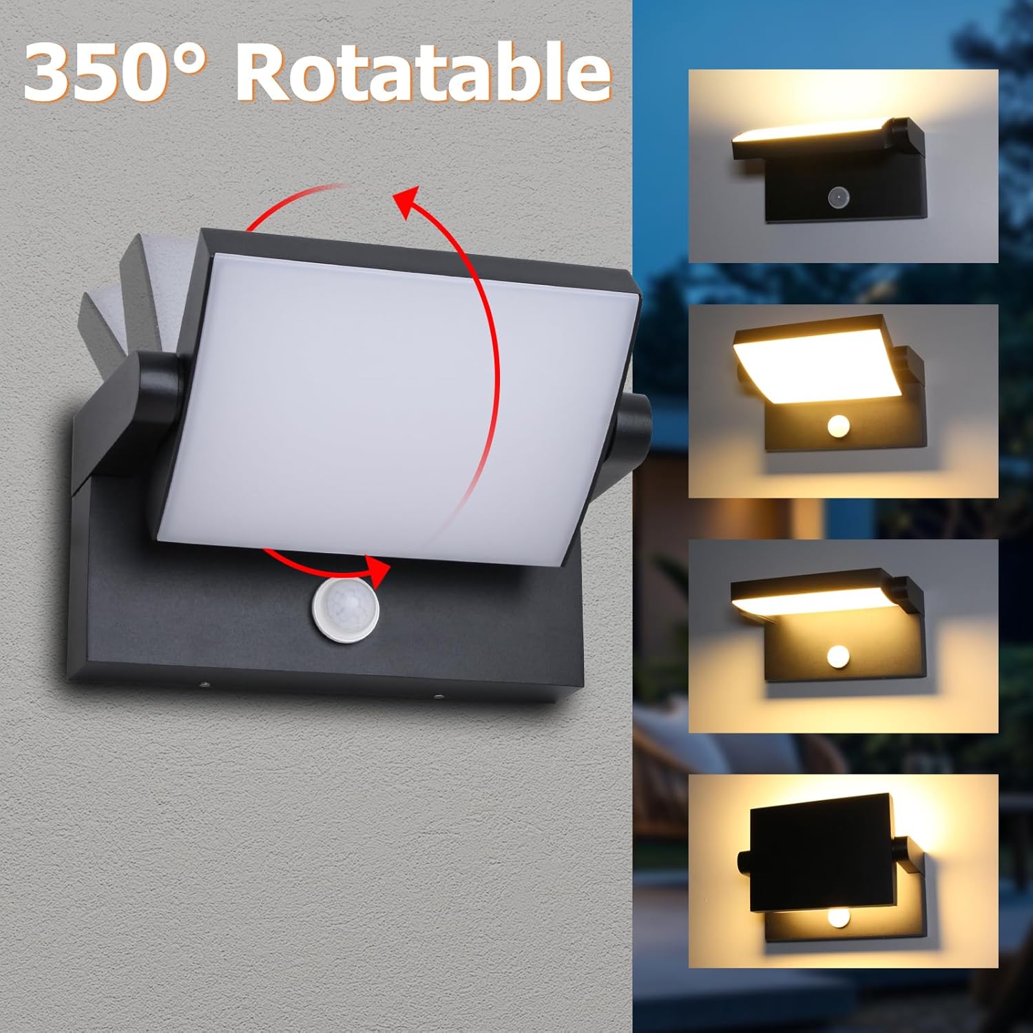 Motion Sensor Outdoor Light Black 350 °Rotatable 18W 1980LM Modern Porch Light IP65 Waterproof Wall Sconce for Outside 3000K Warm White Patio Light for Entrance Doorway House Gardern Garage