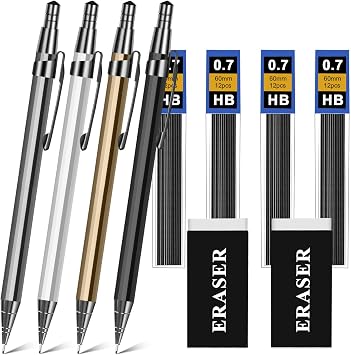 OFFCUP Metal Mechanical Pencil Set, 4Pcs Propelling Drafting, 0.7mm Automatic Artist Clutch With 4 Tube Lead Refills 2 Erasers Case for School Writing, Drawing