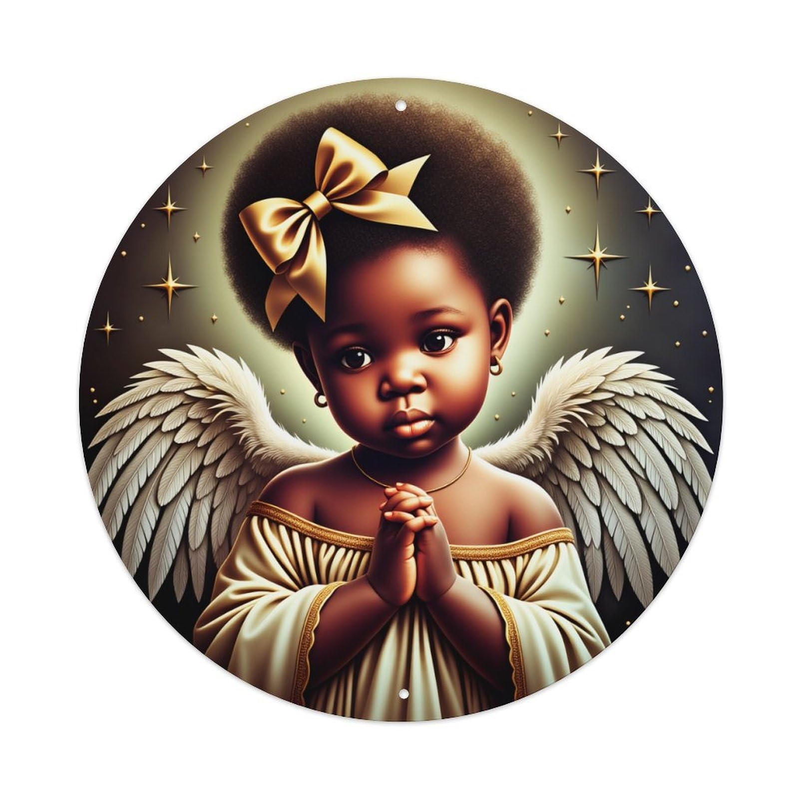 Angel Child With Wings And Stars Round Tin Sign Vintage Metal Poster Retro Bar, Home, Man Cave, Kitchen, Laundry Room Wall Art Decor Gift 8x8Inch