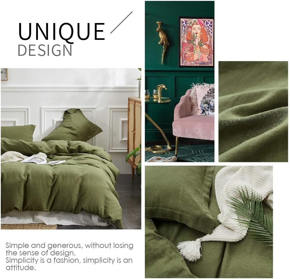Simple&Opulence 100% Linen Duvet Cover Set 3pcs Basic Style Natural French Washed Flax Solid Color Soft Breathable Farmhouse Bedding with Button Closure - Olive Green, King