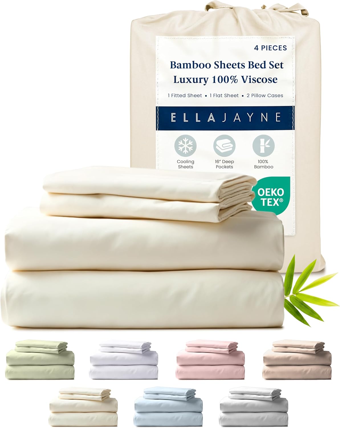 Ella Jayne Viscose Derived from Bamboo Sheets Set (4 Pieces) Queen Size, Ultra Soft & Luxuriously Cooling, Eco-Friendly Queen Sheet Set Deep Pockets 16 Inch (Ivory)
