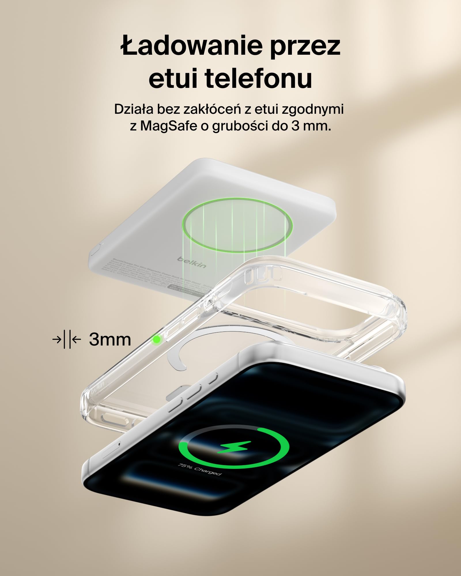 Belkin BoostCharge Cienki Magnetyczny Powerbank 5000 mAh, Podpórka – Biały | Powerbank Bezprzewodowy 5000 mAh Qi2, Pierścień Magnetyczny, Port USB-C, Naładowany, Kabel w Zestawie, do Podróży Samolotem