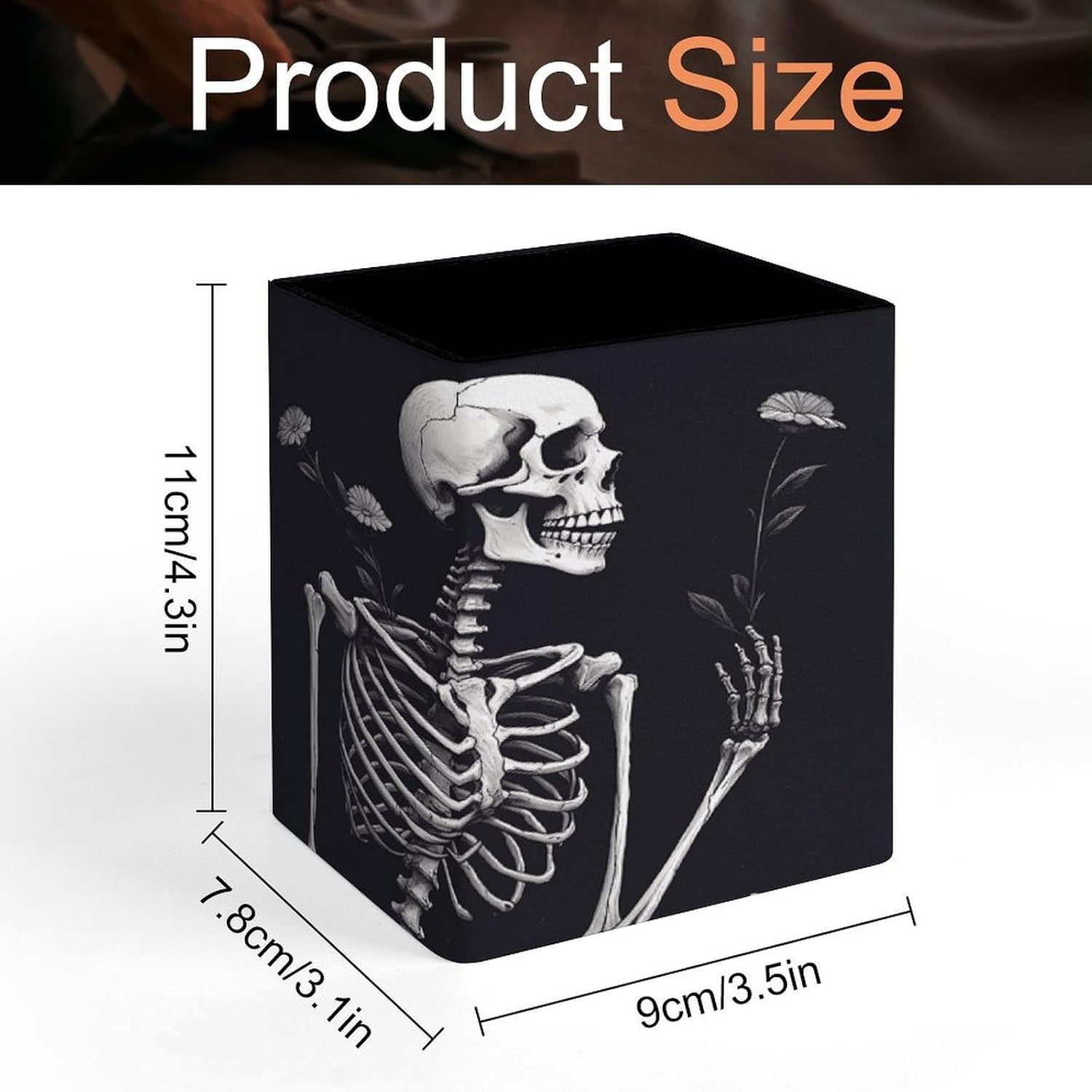 PU Leather Pen Holder Aesthetic Skeleton Desk Organizer Storage Cup image 2