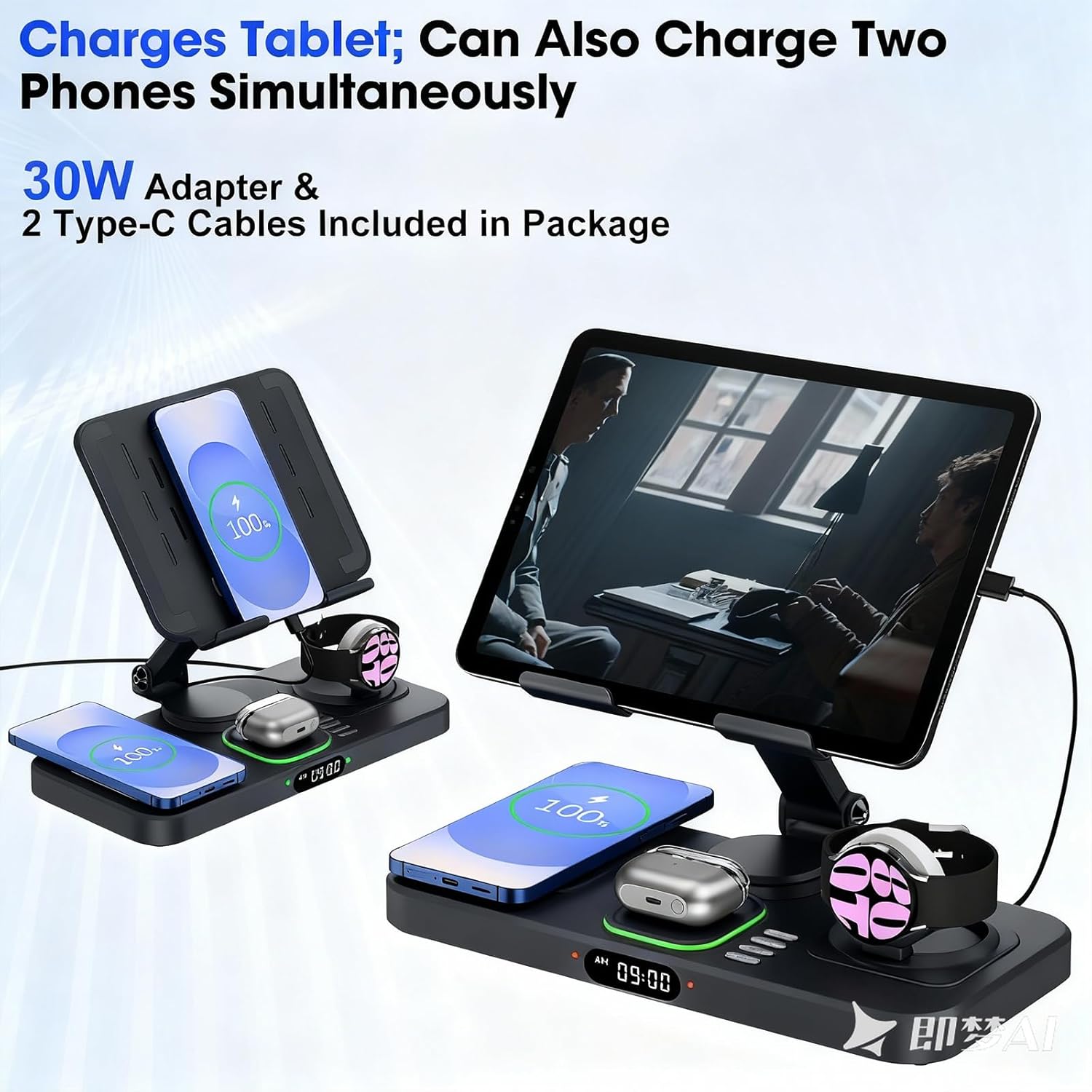 30W Tablet Wireless Charger for Samsung, Foldable Android Charging Station with Clock Display with 7-Color Light, Wireless Watch Charger for S25, Only Compatible Samsung Watch, Galaxy Buds3 Pro(Black - Image 6