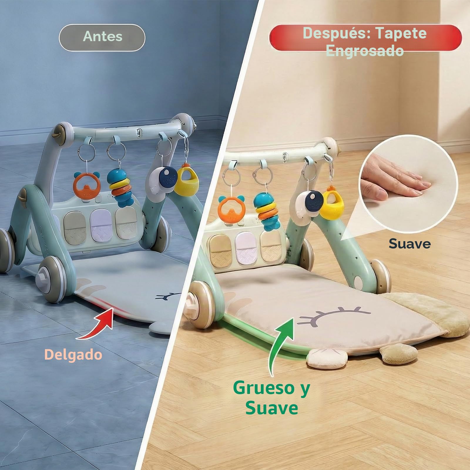 JOVOW Gimnasio para Bebés 2 en 1 con Andador de Aprendizaje, Colchón de Juego para Bebés con Panel de Piano de Juego Multifuncional de Doble Cara, Andador de Aprendizaje para Bebés de 0 a 36Meses