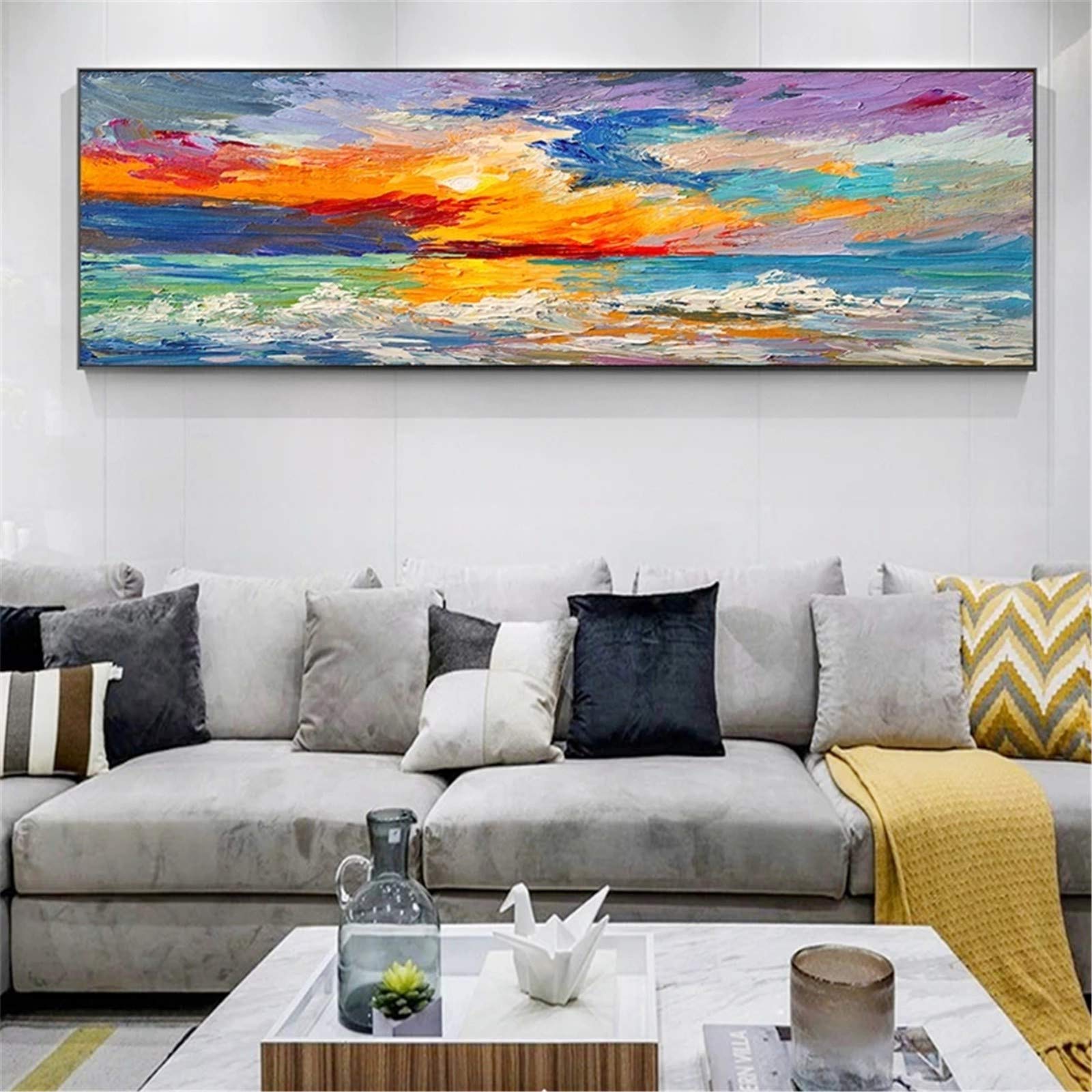 Peinture diamant grand format pour combler un grand mur vide de salon moderne