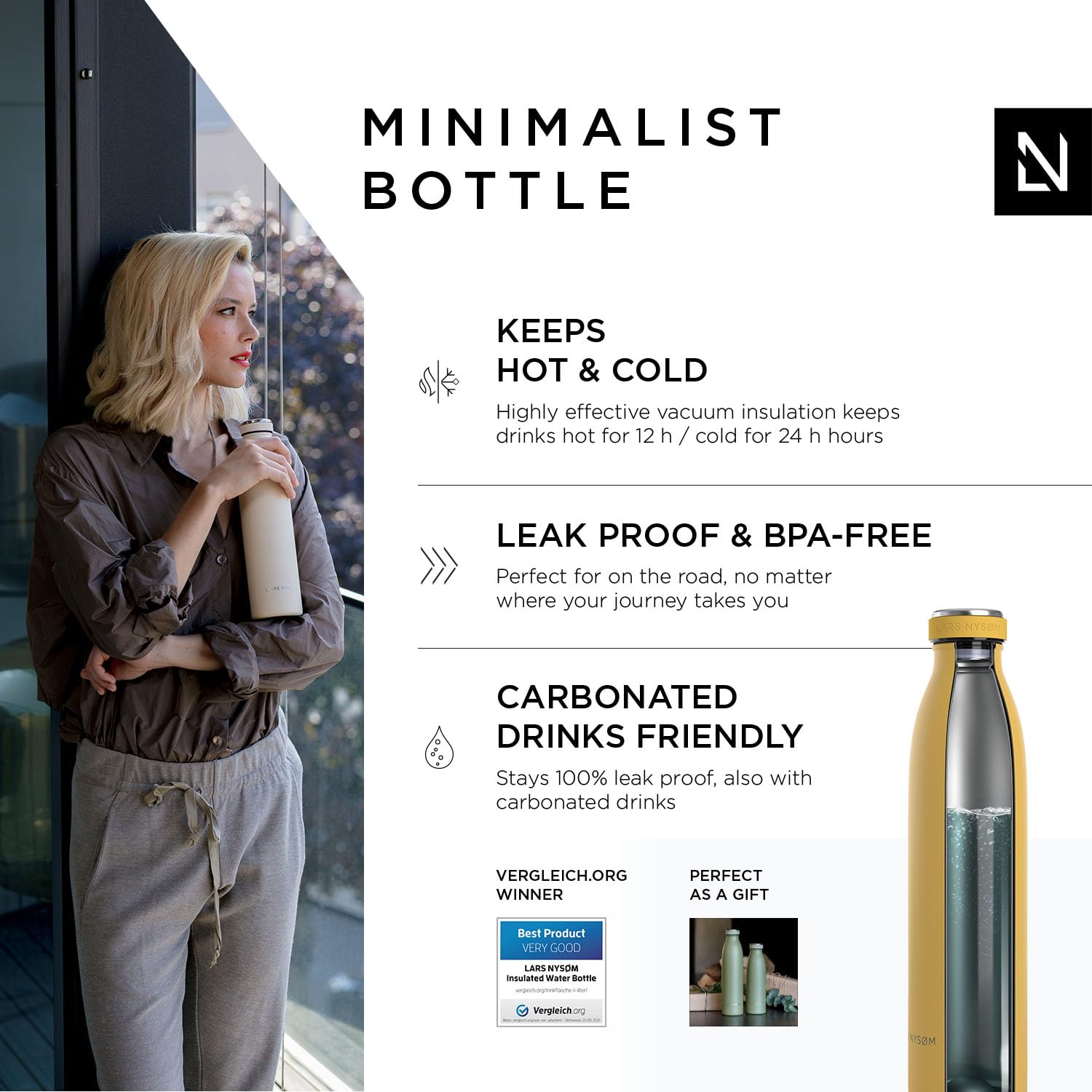 LARS NYSdiameter M Stainless Steel Insulated Water Bottle 350ml, 500ml, 750ml, 1L, 1 5 Liter, Mustard Yellow, 750 ml - Image 2