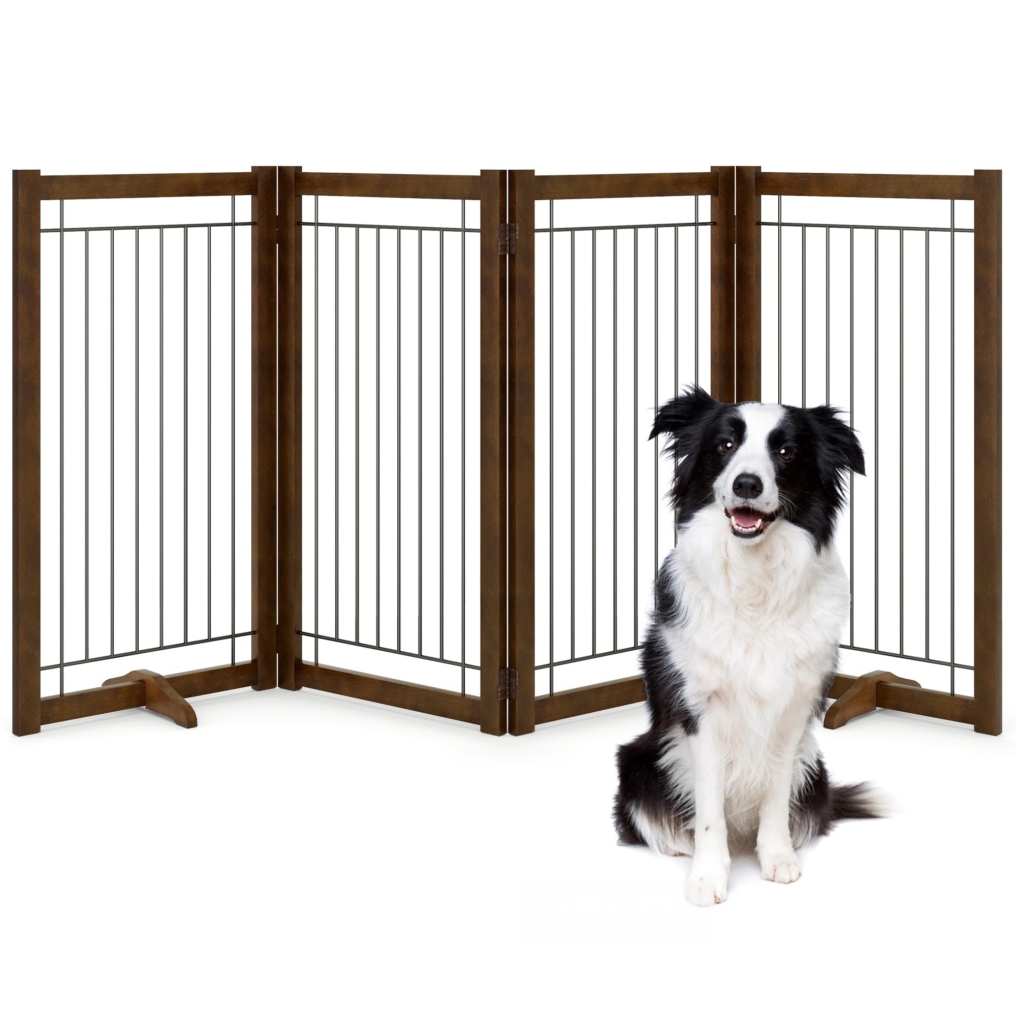 Acovy Wire Dog Gate Solid Wood Frame, Anti-Chewing, 4-Panel, 36" Height, 80" Width, Indoor Freestanding Pet Gate Foldable Wooden Dog Fences for Stairs