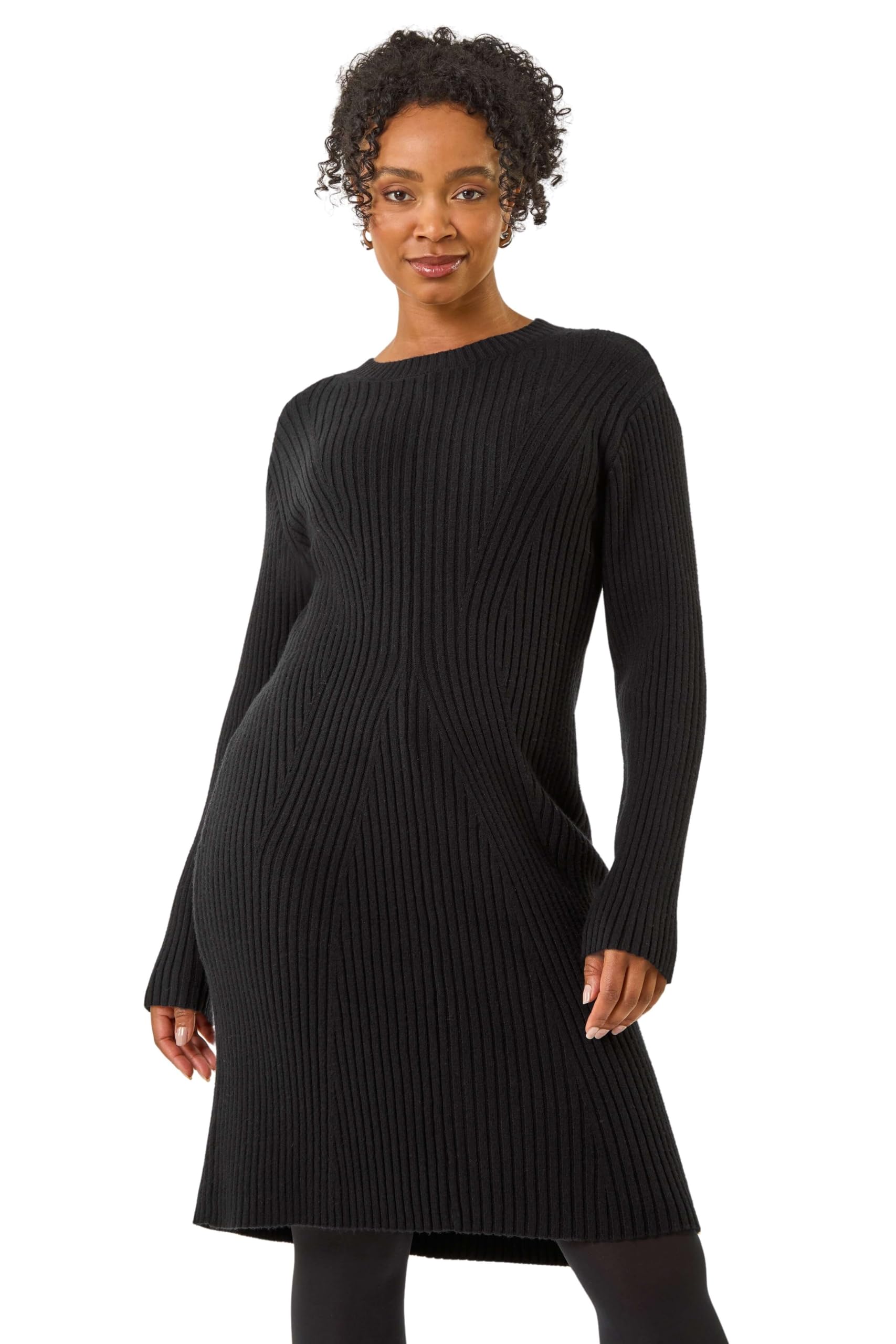 Roman Women's Black Petite Ribbed Knitted Dress