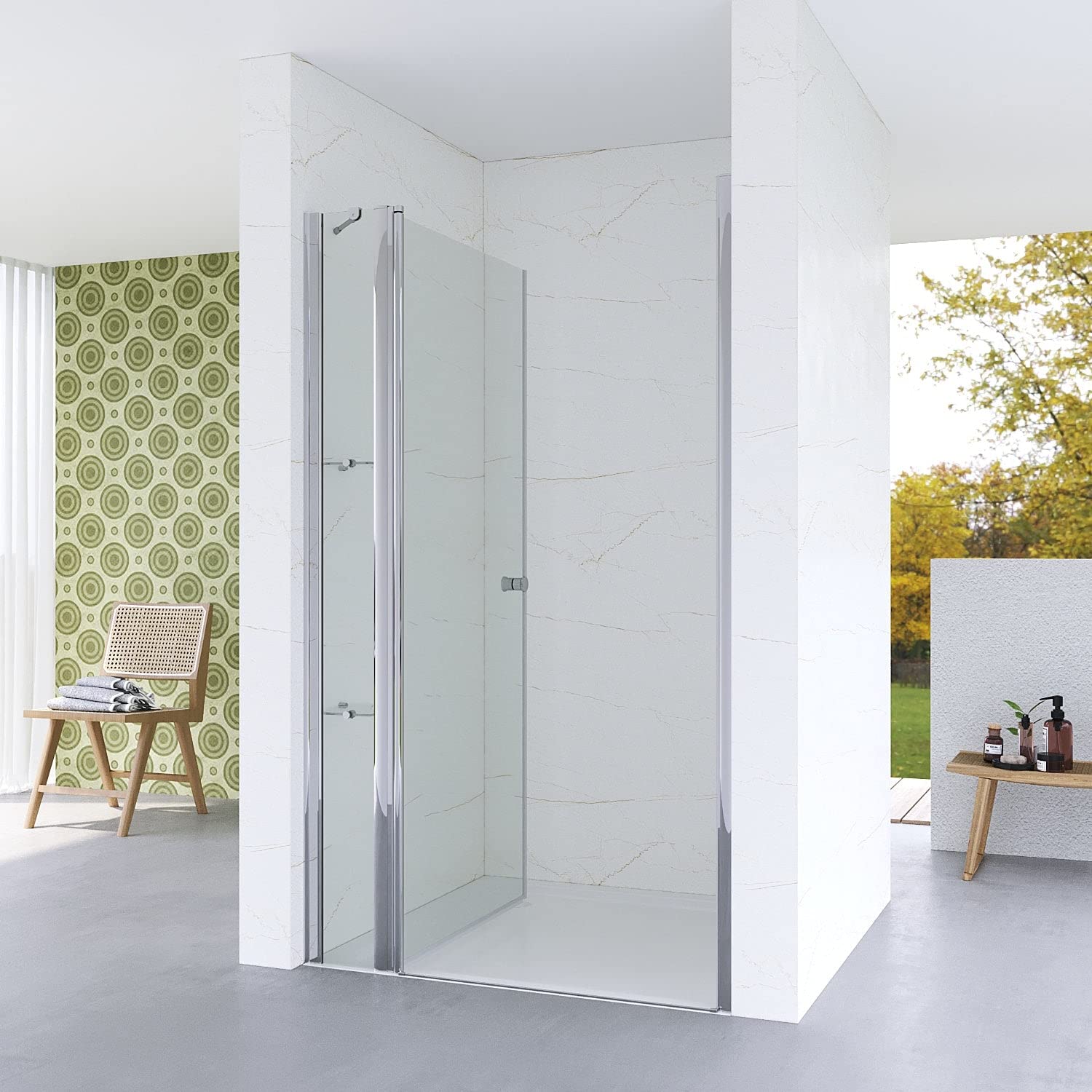 Duschtür 90 cm Nische Nischentür Dusche Duschabtrennung Glas Drehtür Pendeltür Schwingtür Glastür Duschkabine mit Duschablage aus 5mm ESG Sicherheitsglas Verstellbereich von 88-91 cm Höhe 187 cm