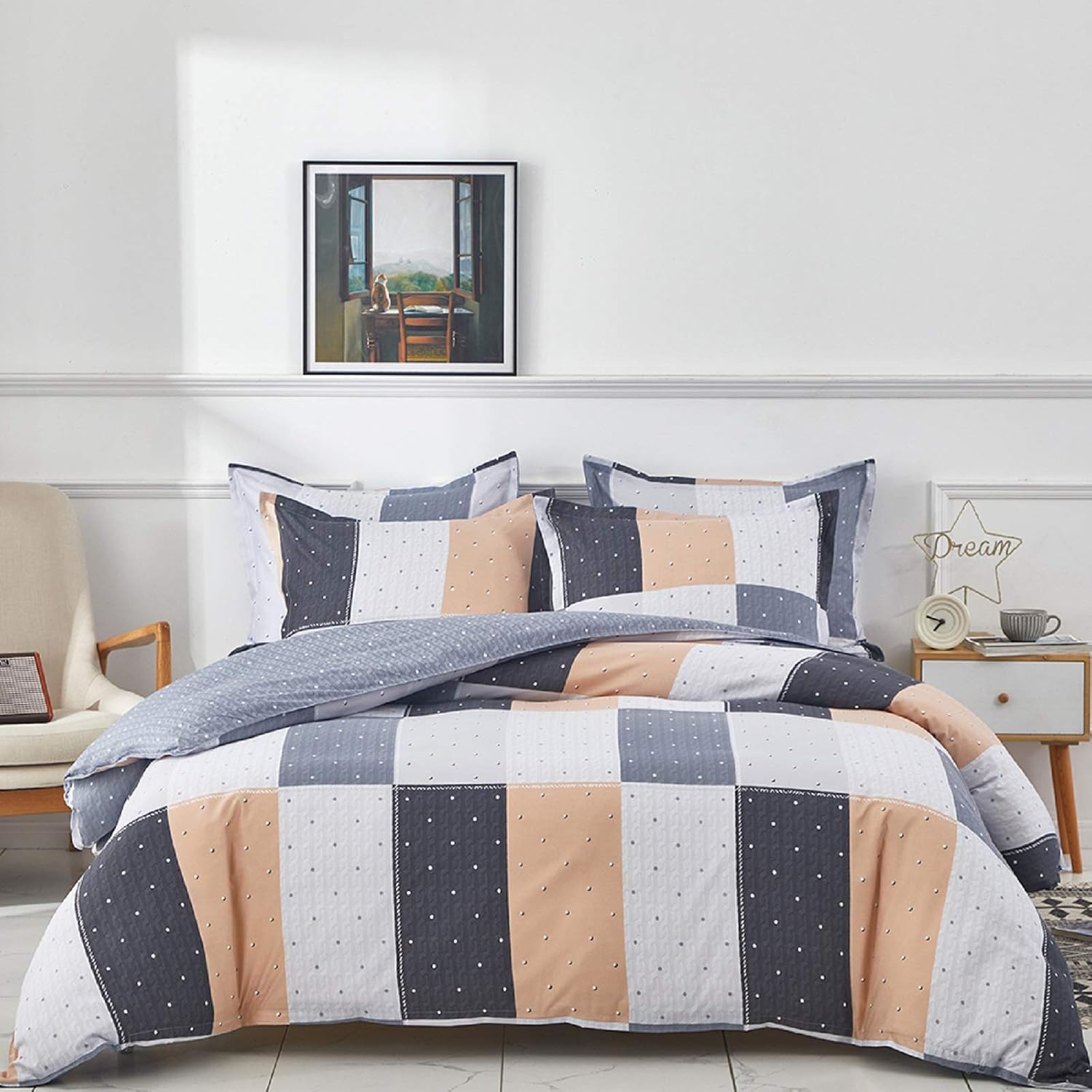 FlySheep 3 Piece King Colorful Patchwork Duvet Cover Set - 1 Duvet Cover & 2 Pillow Shams, Simply Style, Hotel Quality - Colorful Plaid with Dots