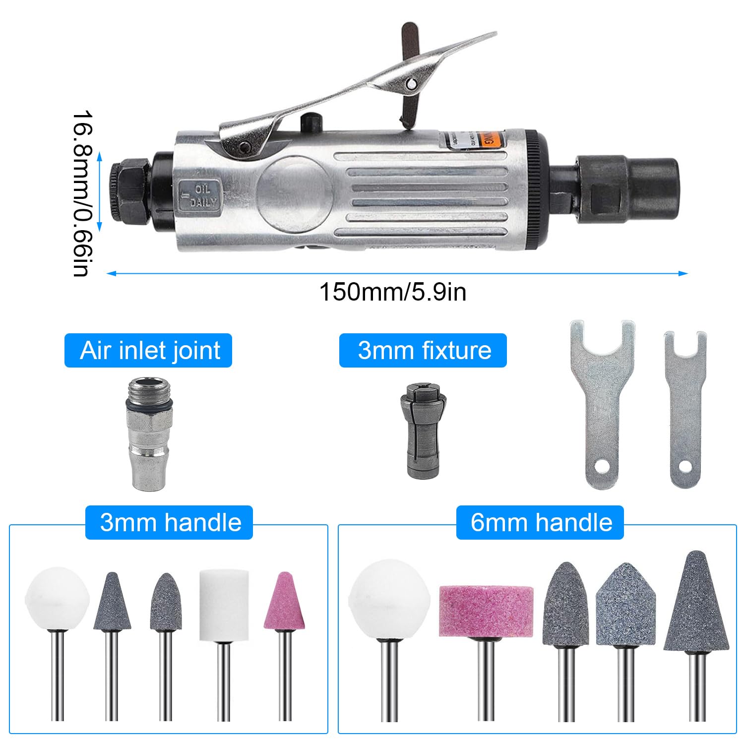 Kit Meuleuse Pneumatique - Meulage, Ébavurage et Polissage - Adapté à la Transformation des Automobiles, des Meubles et des Métaux, est Doté de Têtes de Meulage Multi-Spécifications Intégrées (noir)