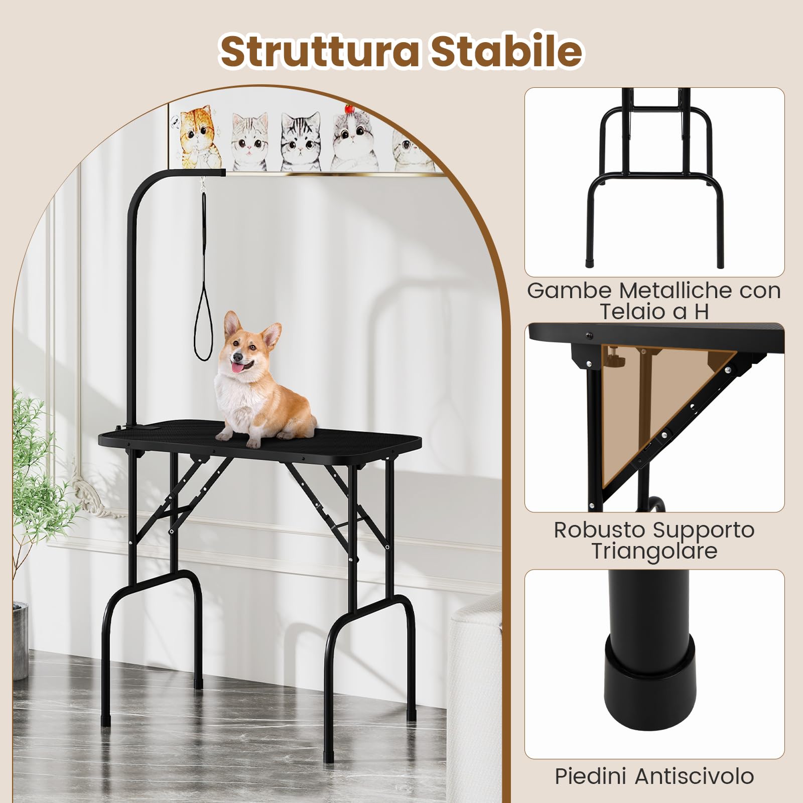 COSTWAY Tavolo Toelettatura e Tosatura per Animali, Accessori Pieghevole per Toilette per Cani con Bracci Regolabili in Altezza,Cappio e Piano Antiscivolo, Portata 100 kg (80,5 x 46 x 146 cm)