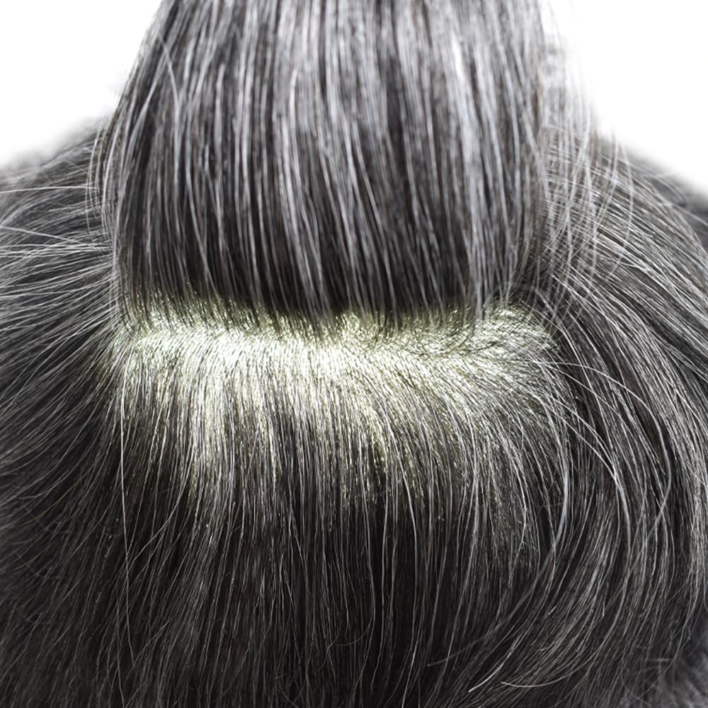 Mens Toupee Human Hair Pieces 0.12mm Durable Full Poly Toupee for Men Hair System Hair Replacement Units Hairpiece for Men Protesis Capilar Para Hombre7x9#1B40 1B# OFF BLACK+40% GRAY120% density