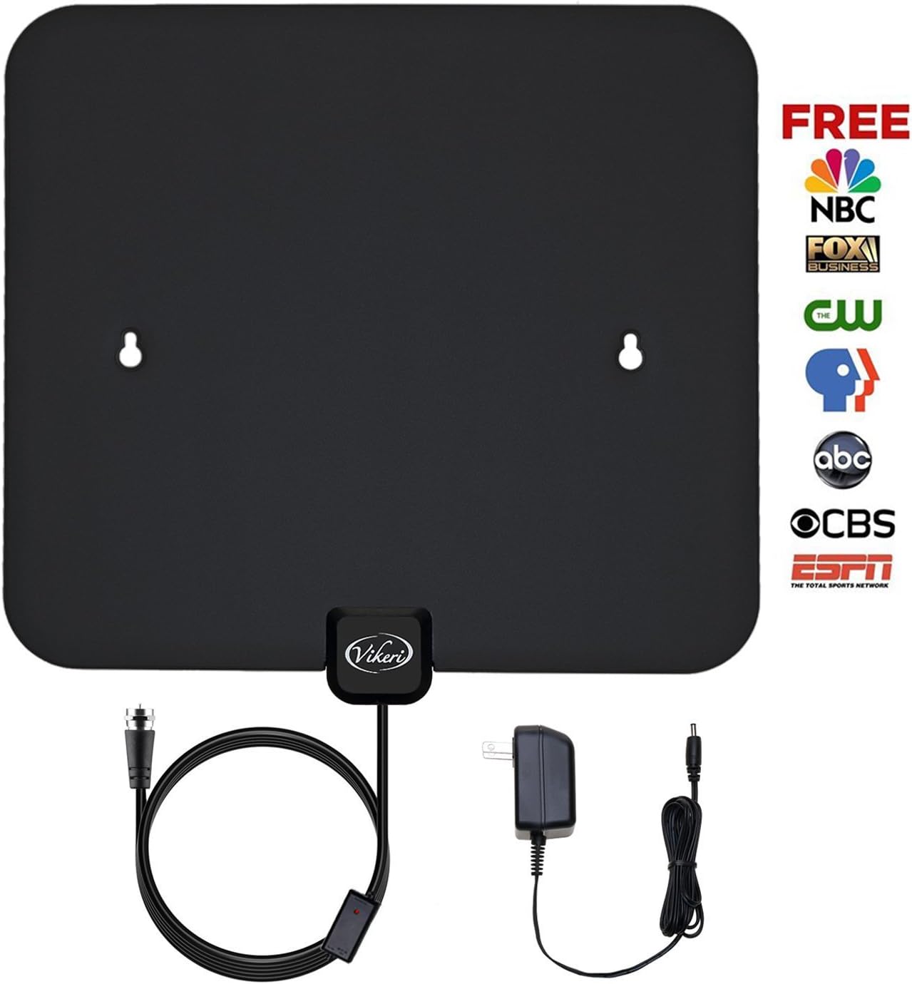 Vikeri Digital Amplified HDTV Antenna Indoor with AC/DC Power Adapter - 50 Mile Range, Black/White