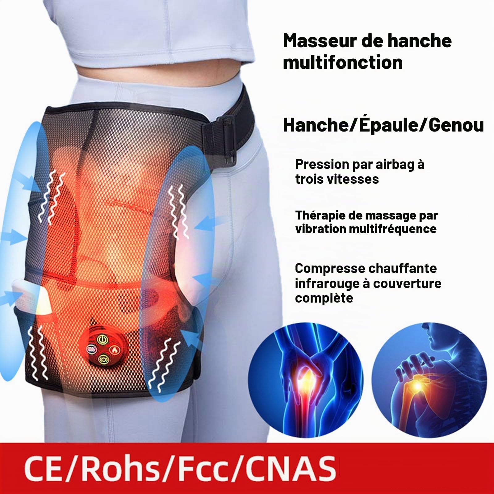 NICHOY Orthèse de Hanche chauffante électrique, attelle de Cuisse chauffante, attelle de Hanche enveloppante de Soutien pour Hommes Femmes, Convient aux épaules et aux Genoux(A)