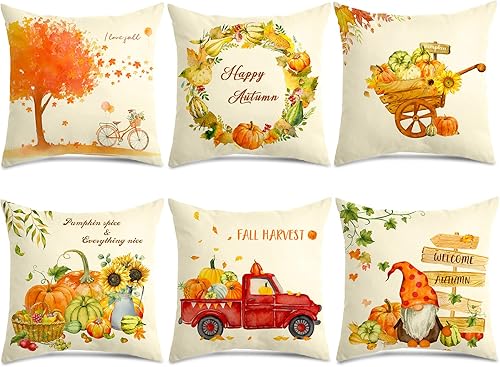 Paquete de 6 fundas de almohada de otoño de 18 x 18 pulgadas, fundas de almohada de cosecha de calabaza, hojas de arce, calabaza, bicicleta, camión,