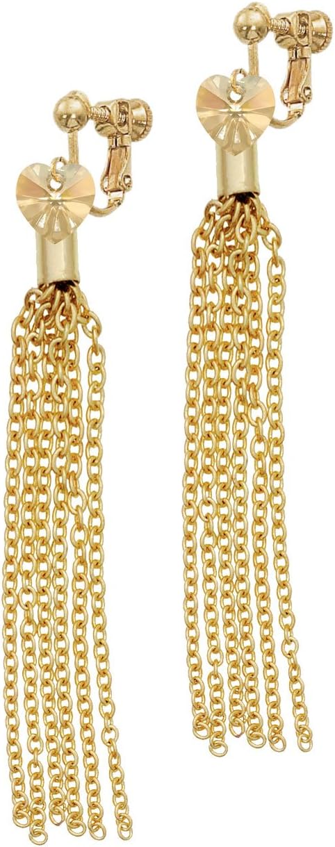 Crystal Heart Goldtone Chain Tassel Clip On Earrings