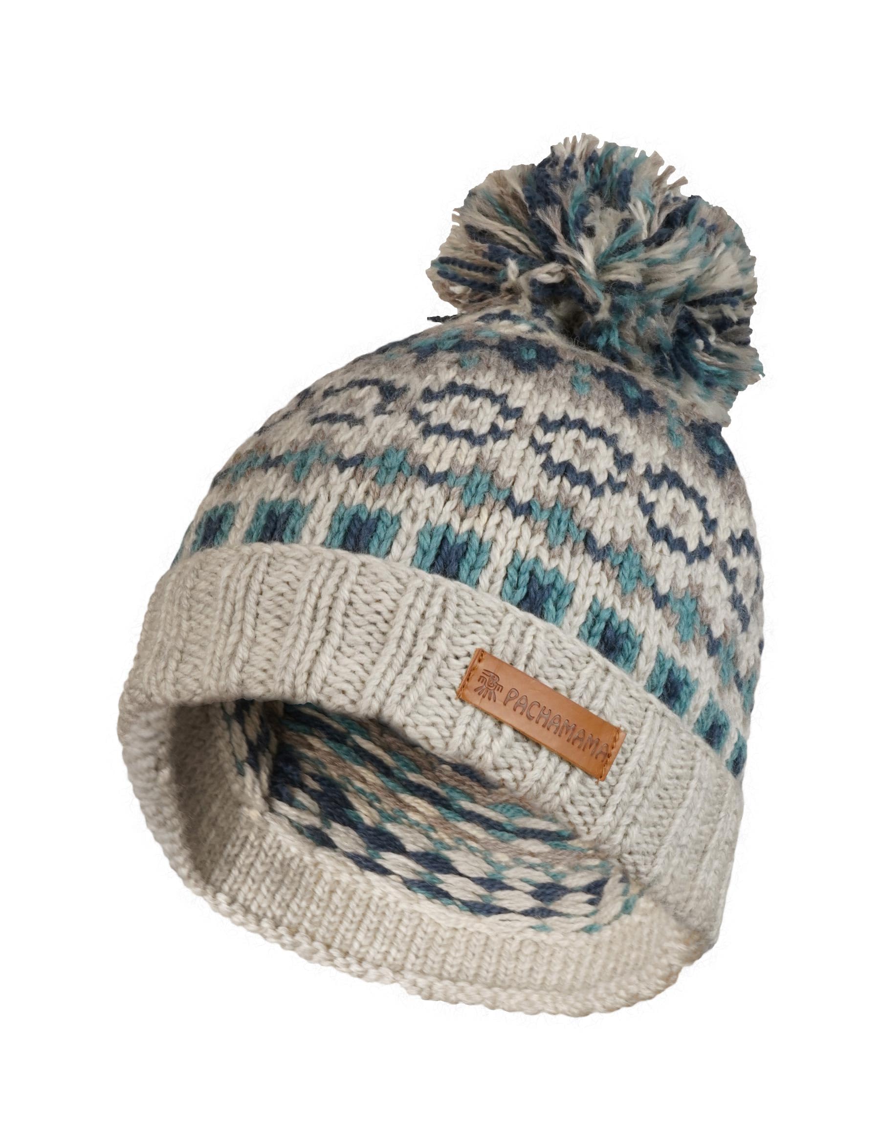 Pachamama Women 100% Pure Fine Merino Wool Beanie Bobble Hat Handknitted Diamond Pattern One-Size Handmade Soft Warm Breathable Moisture Wicking Fair Trade (UK, Alpha, One Size, Blue)
