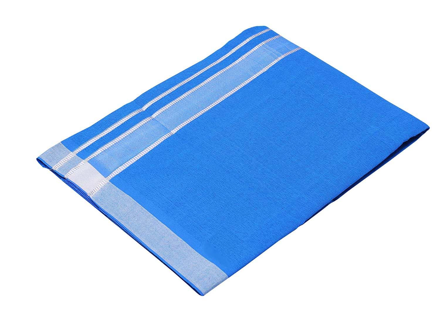 Cotton Single Layer Colored Dhoti – 1.8 Meters Traditional Indian Lungi/Sarong for Men with Resham Designer Border – Comfortable Ethnic Wear (Blue)