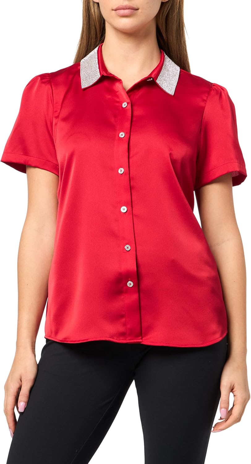 Karl Lagerfeld Womens Short Sleeve Collared Neck Crystal Collar Elevated Button Down