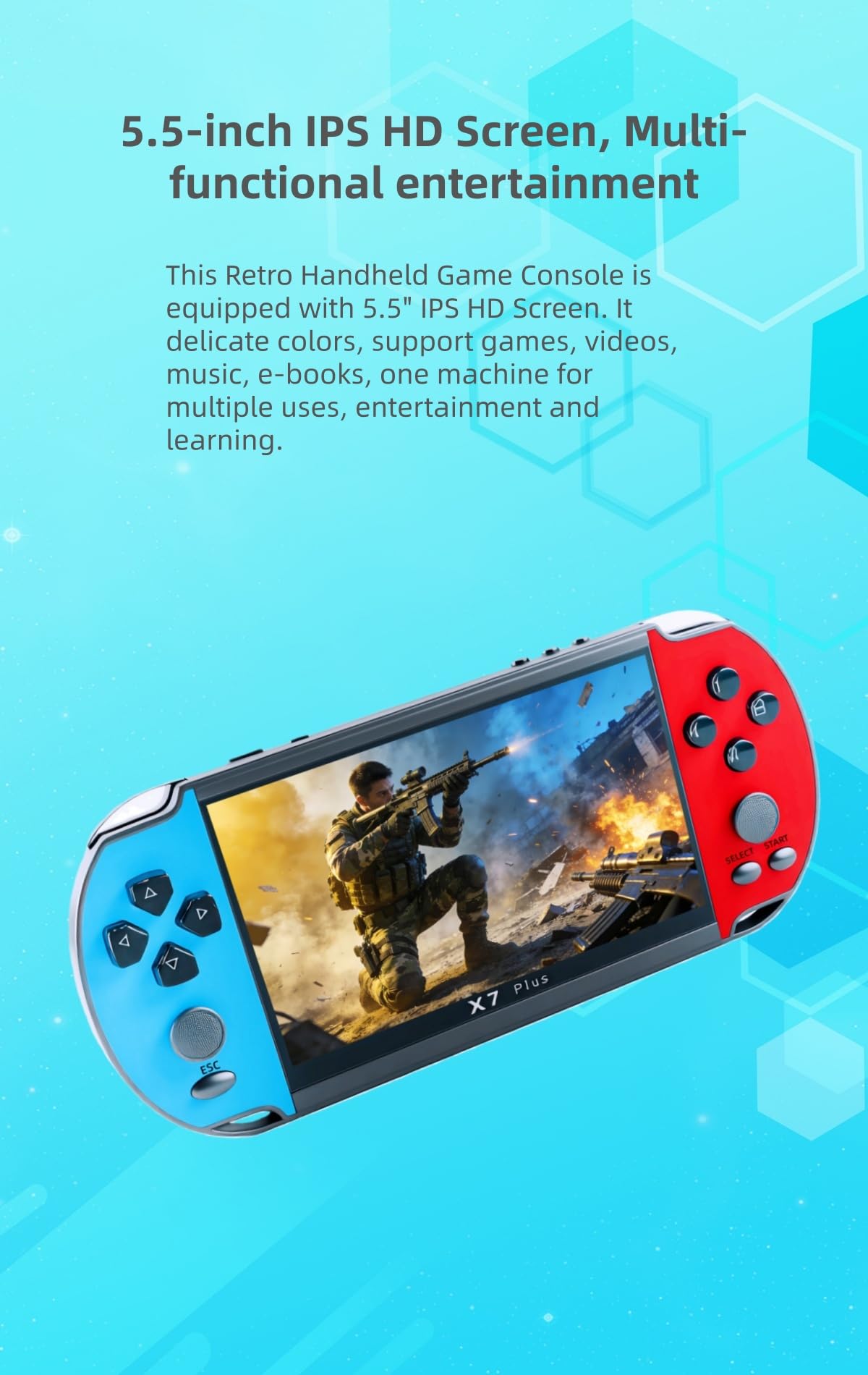 Console di gioco portatile LCD da 5,5" YHFITN, con giochi integrati, supporto per più emulatori, multimediale ricaricabile e connessione TV, giocattoli da viaggio, regali di compleanno - 3