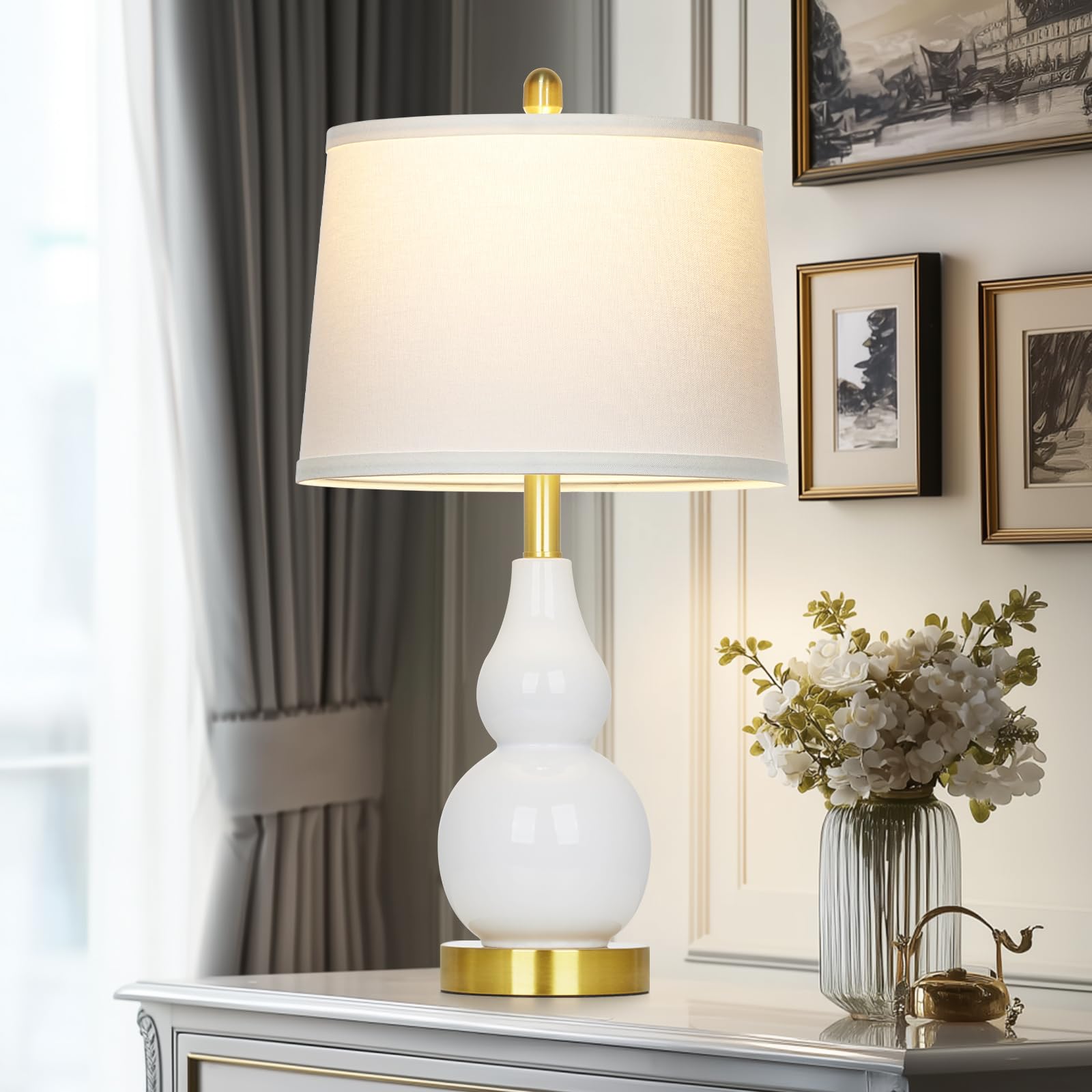 DGGDOME 25.25 Inch Ceramic Table Lamps Set Of 2 – Yellow Flower Design With Linen Shades For Living Room, Bedroom, Or Console Table