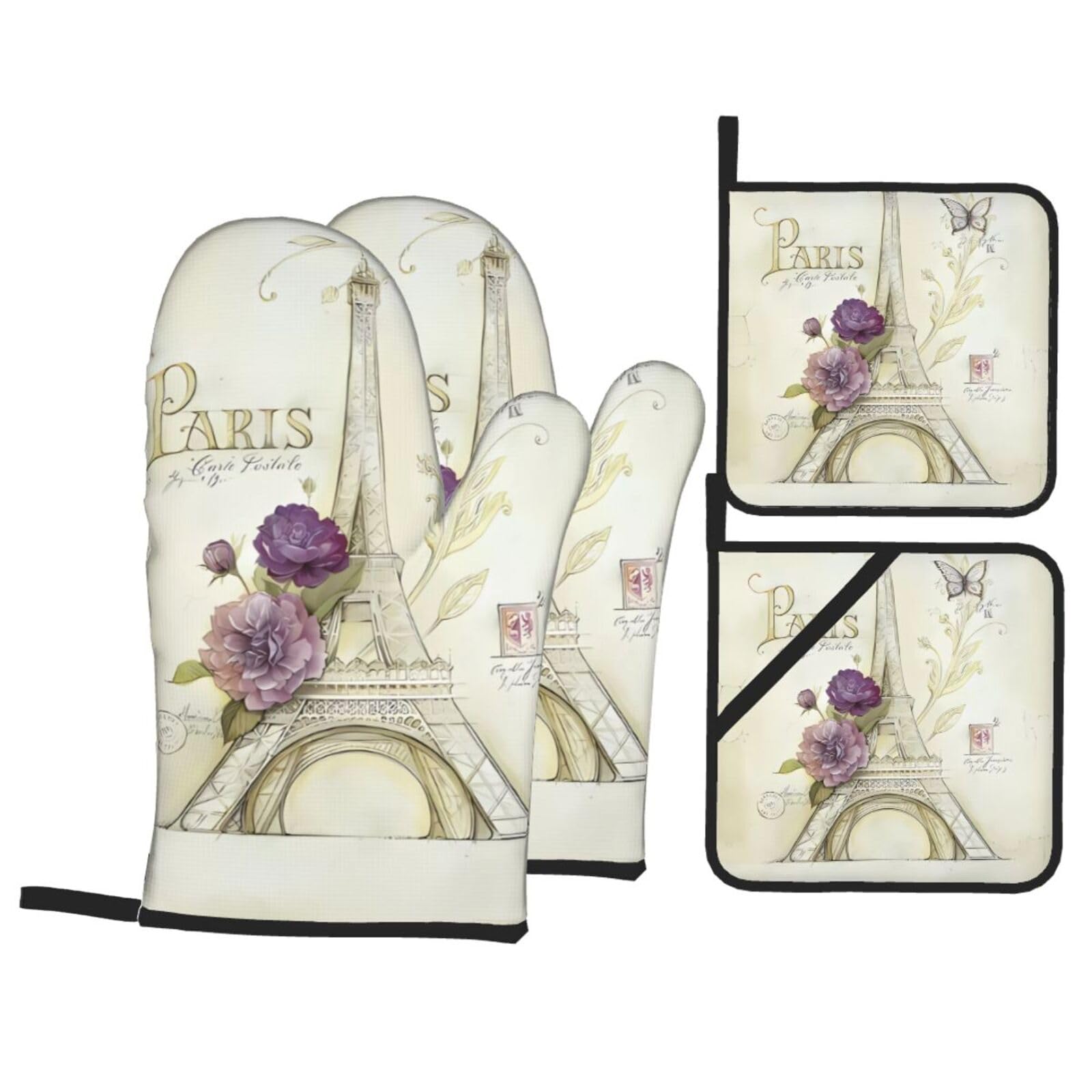 WHJSHOP Eiffel Tower Prints Oven Mitts & Pot Holders Set - Waterproof Kitchen Layers & Heat Resistant - Durable Covers for Safe Cooking & Easy Cleanup