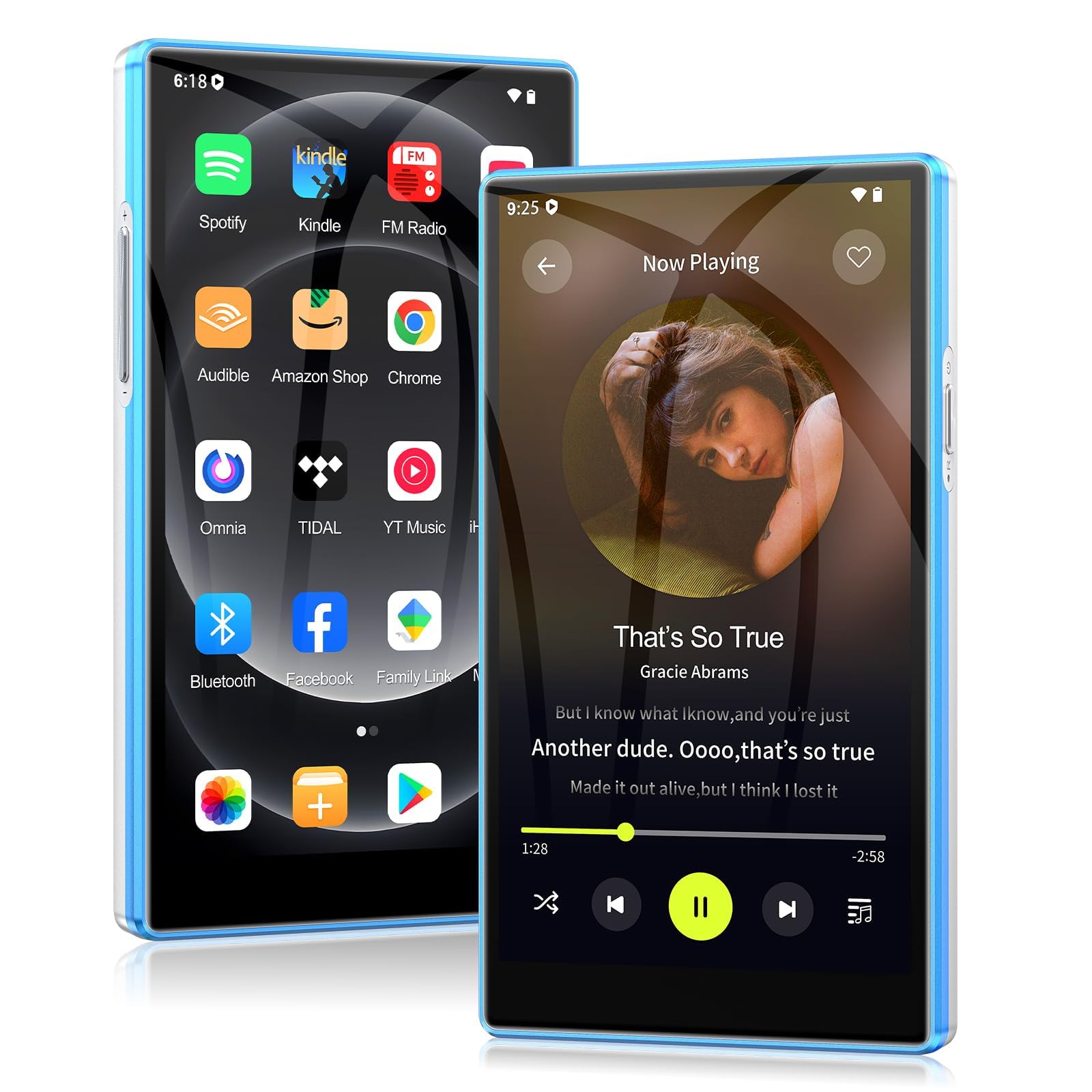 MP3 Player Spotify mit Bluetooth & WLAN, 5 Zoll Touchscreen MP4 Musik Player mit Integriertem Spotify, Deezer, FM-Radio, Sprachrecorder, Blau und Weiß