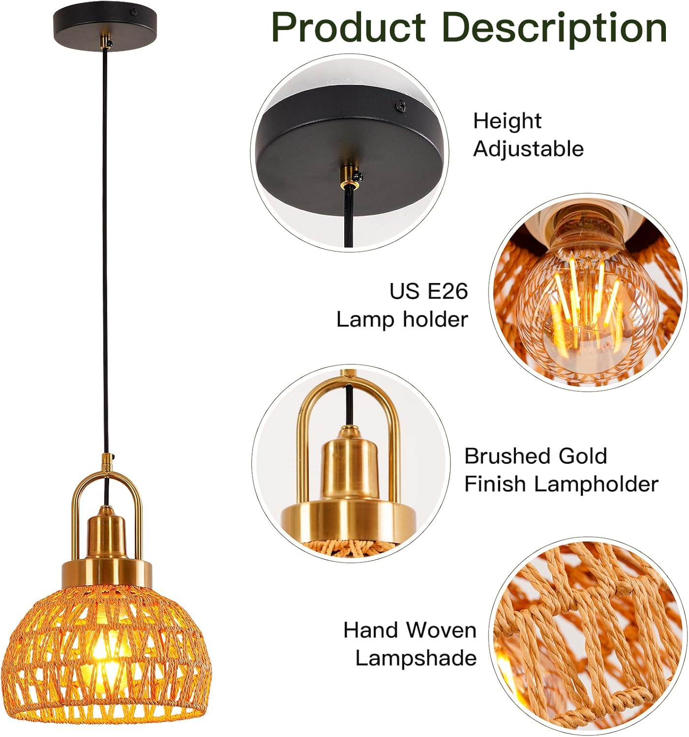 9.45" Boho Gold Rattan Pendant Light Modern Vintage Dome Farmhouse Pendant Light Fixtures Hand Woven Golden Bamboo Wicker Pendant Lights for Kitchen Island, Dining Room, Bedroom, Hallway