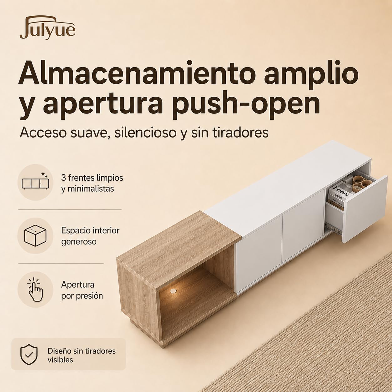 Mueble TV Extensible 163-240 cm, Mueble Bajo con LED Sensor, USB y Pasacables, 3 Cajones de Apertura a Presión, para Televisor hasta 75 Pulgadas