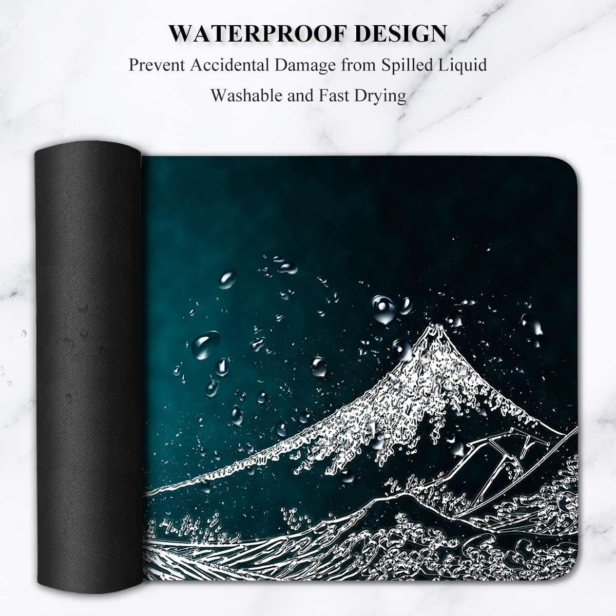 CASEOET Large Computer Mat with Non-Slip Rubber Base for Home Office Working,Kanagawa Surfing Black Computer Mouse Pad for Laptop,Waterproof Mousepad