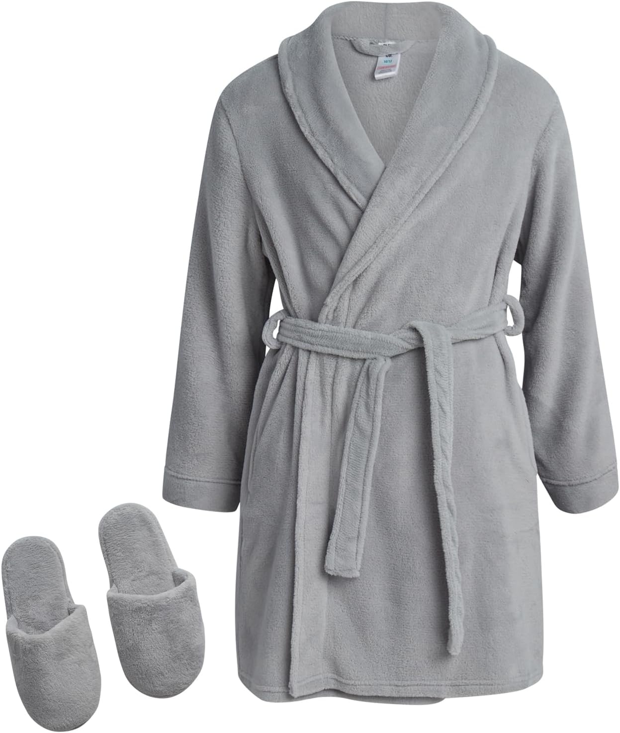 Sleep & Co. Girls' Bathrobe Set - 2 Piece Soft Cozy Plush Fleece Bathrobe with Matching Slippers for Girls (Sizes: 5-16), Size 7-8, Grey