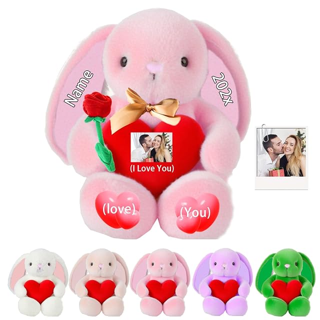 Personalized Bunny Stuffed Animal Plush with Heart Custom Stuffed Bunny Plush with Text Photo as Personalized Gifts Plushie