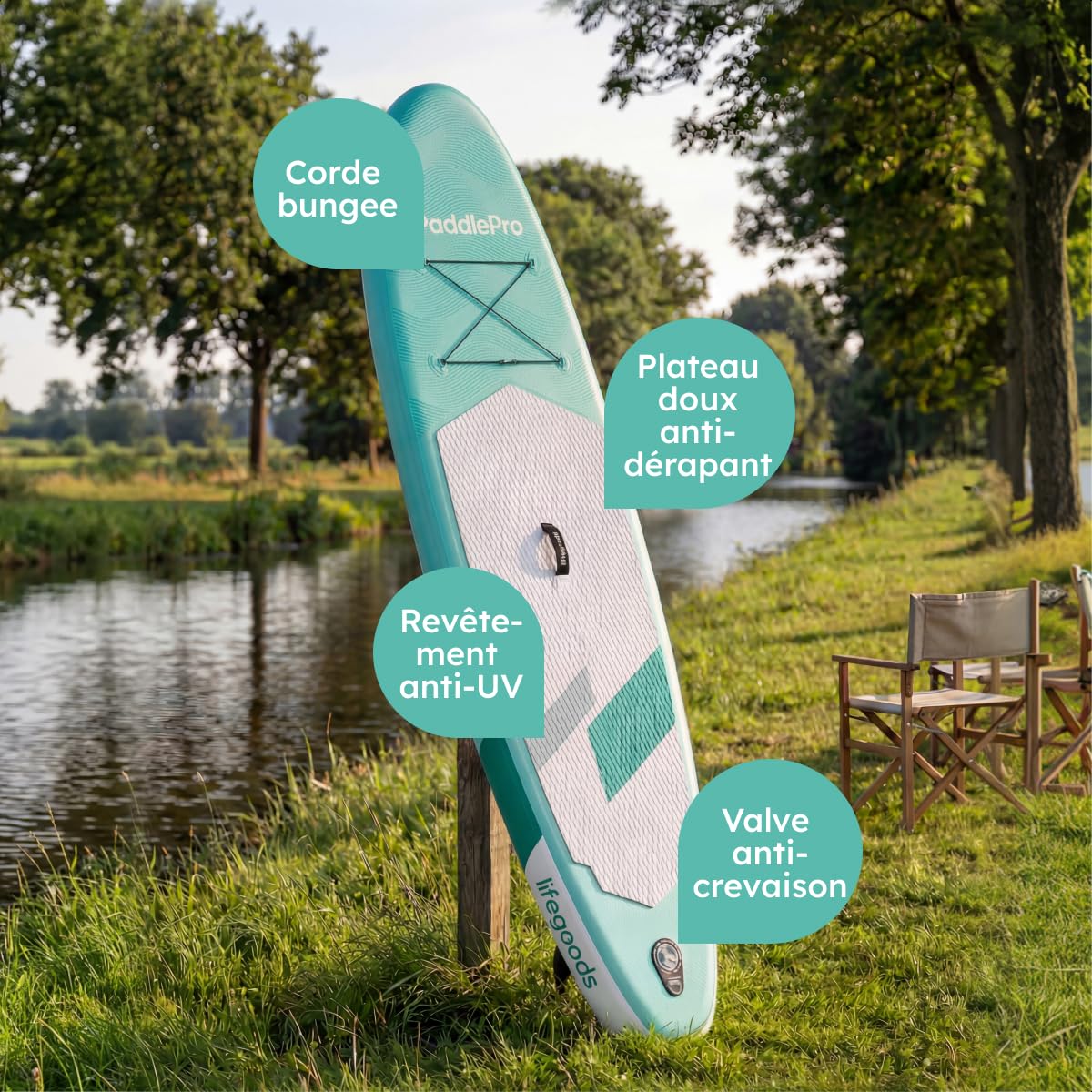 LifeGoods Paddle Gonflable Adulte - Stand Up Paddle Board - Set Complet - Pagaie Réglable - Pompe Incluse - Max. 100KG - 300x76x15cm