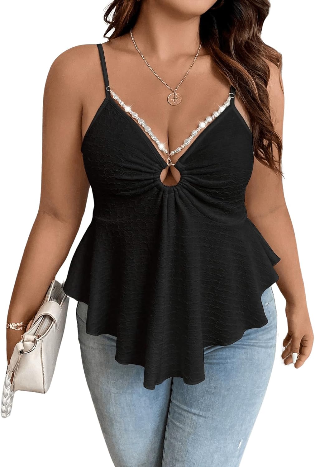 SHENHE Women's Plus Size V Neck Asymmetrical Flared Hem Cute Peplum Top Boho Camisole Tank - Image 6
